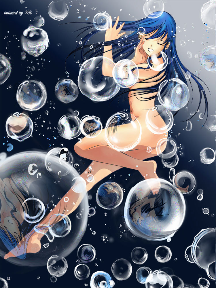 1girls 2010 ass bath blood_eagle blue_hair breasts bubble closed_eyes female floating gradient gradient_background human idol light-skinned_female light_skin long_hair lynn_minmay macross nude refraction solo super_dimension_fortress_macross text zero_gravity