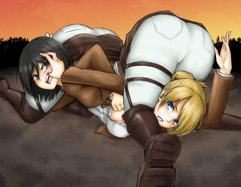 2girls annie_leonhardt ass ass_up attack_on_titan boob_grab boob_window catfight cleavage famboykq fight fighting girl_fight hot_fight hot_teen mikasa_ackerman shingeki_no_kyojin spanking_ass survey_corps_(emblem) teenage_girl teeth_showing wrestling