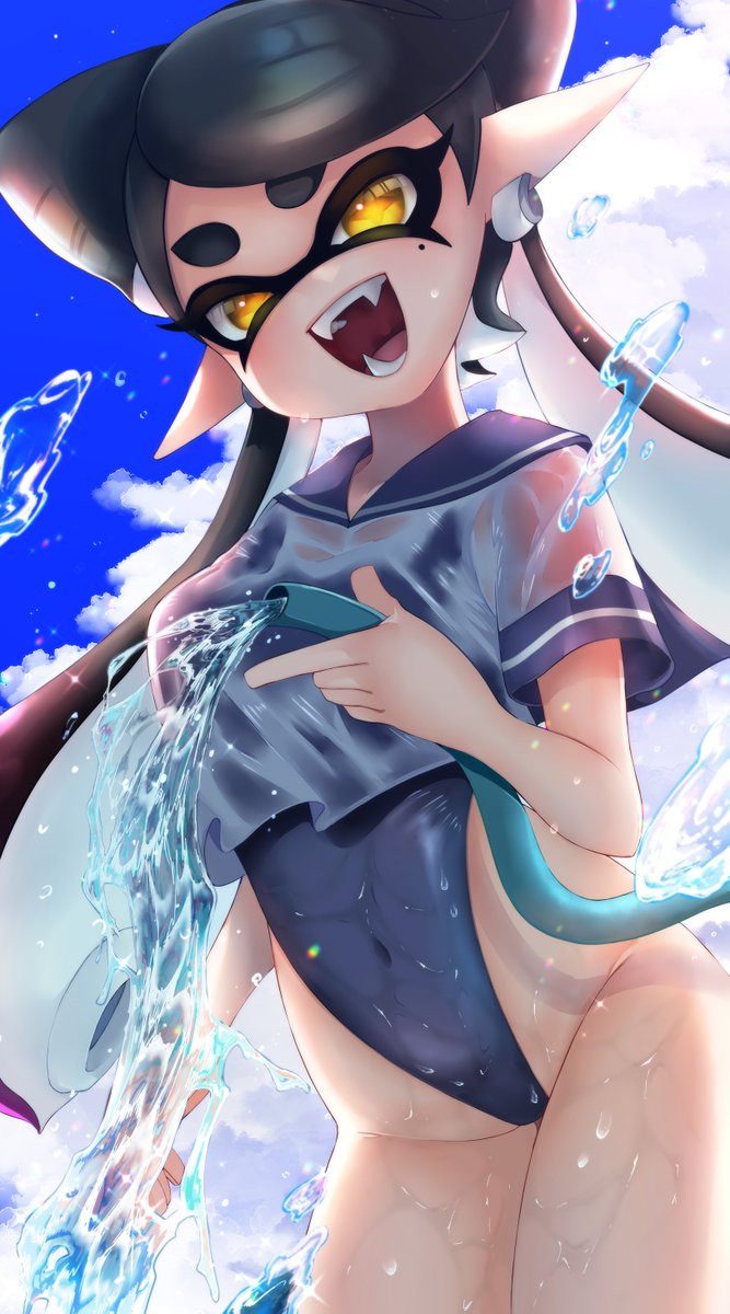 2024 black_eyebrows black_hair black_mask blue_sky breasts callie_(splatoon) clothed clothing digital_drawing_(artwork) digital_media_(artwork) female female_only hi_res light-skinned_female light_skin long_hair marine marine_humanoid mollusk mollusk_humanoid mugyiiiii_ika nintendo open_mouth open_smile pointy_eared_humanoid pointy_ears sharp_teeth soaked_clothes splatoon splatoon_(series) splatoon_3 star_shaped_pupils tentacle tentacle_hair thick_thighs water_hose wet wet_body wet_clothing wet_skin yellow_eyes