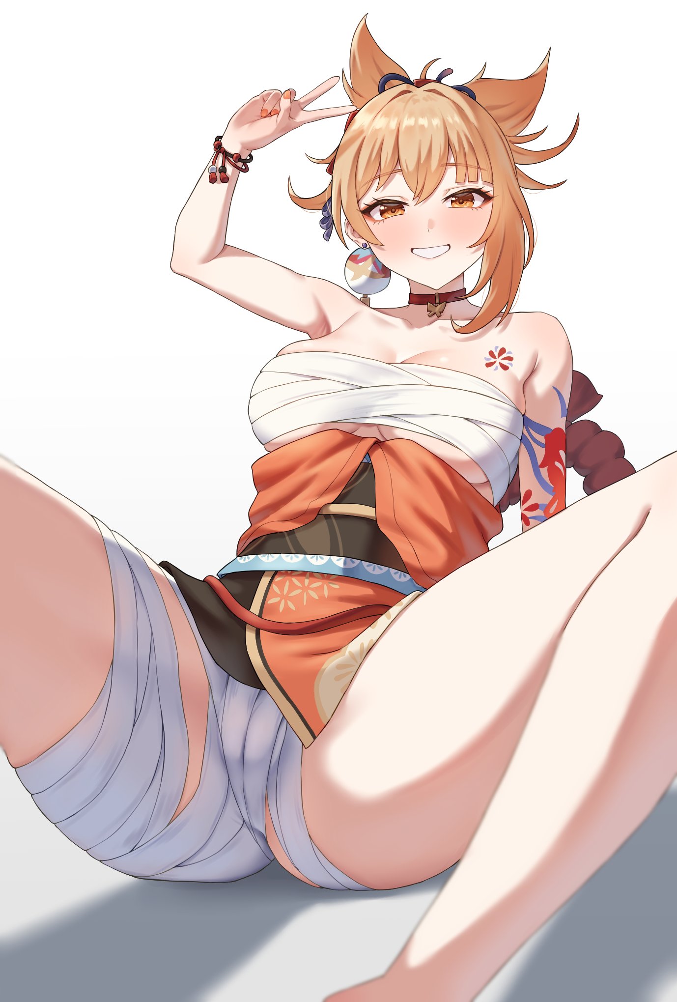 bandage, bandages, blonde hair, blush, breasts, clothing, female, genshin impact, japanese clothes, kimono, large breasts, looking at viewer, naughty face, orange eyes, peace sign, ponytail, sarashi, shimenawa, smile, solo female, spread legs, teasing, underwear, yoimiya (genshin impact)