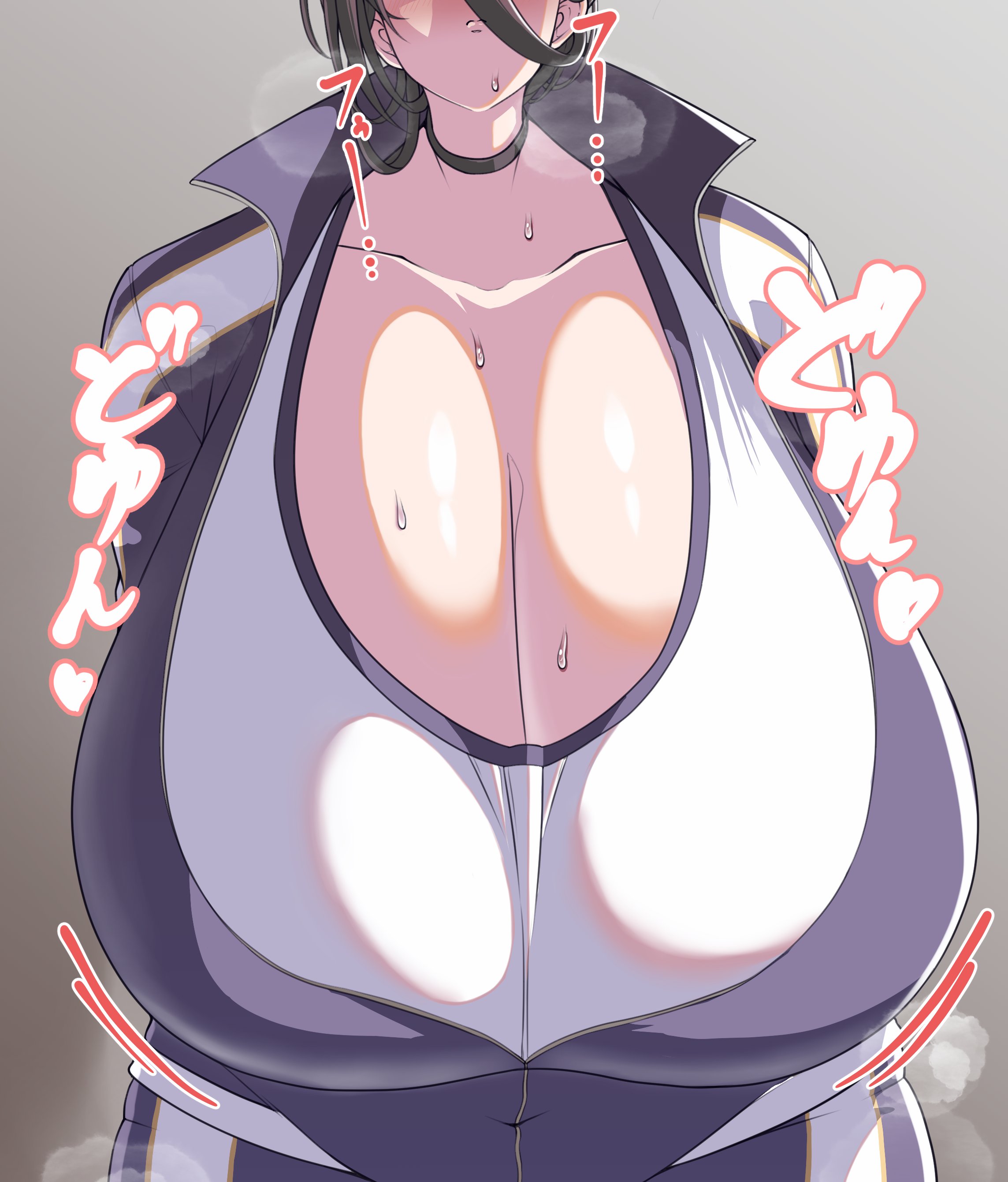 1girls, 2023, absurd res, black hair, blue archive, breast focus, breasts, choker, cleavage, female, female focus, gigantic breasts, hasumi (blue archive), hasumi (gym uniform) (blue archive), huge breasts, hyper, hyper breasts, justice task force (blue archive), kukuru (artist), massive breasts, solo, solo female, solo focus, sweat, sweatdrop, track jacket, trinity general school student
