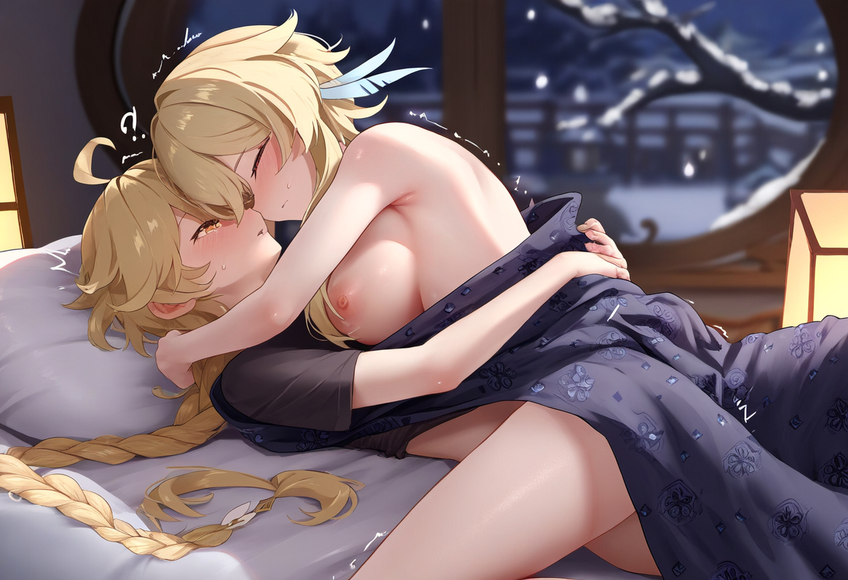 1boy, 1girls, aether (genshin impact), ai generated, brother and sister, female, genshin impact, incest, lumine (genshin impact), male, mihoyo, sex, straight, twincest