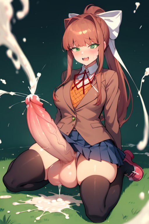 1futa, ai generated, balls, cum, cumming, cumshot, doki doki literature club, ejaculation, erect penis, erection, futa only, futa sans pussy, futanari, ginger, green eyes, huge balls, huge cock, huge cumshot, intersex, looking at viewer, monika (doki doki literature club), open mouth, penis, school uniform, sitting, stable diffusion, testicles, veiny penis