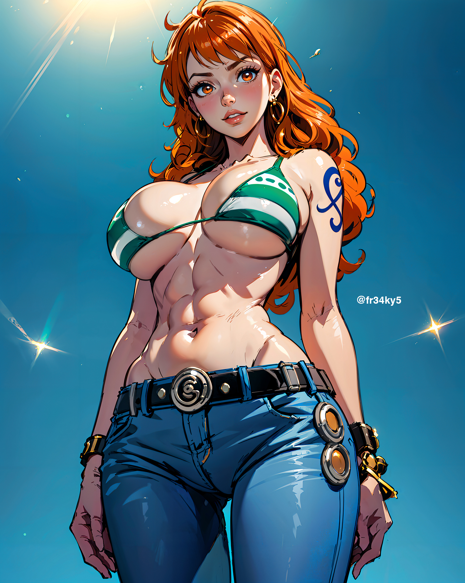1girls, abs, ai generated, bare shoulders, big breasts, blush, bra, breasts, clothed, clothing, color, female, female focus, female only, fr34ky, hi res, jeans, jewelry, large breasts, light skin, light-skinned female, long hair, looking at viewer, muscular, muscular female, nami (one piece), one piece, orange eyes, orange hair, post-timeskip, shounen jump, solo, solo female, sun, tagme, tattoo, thick thighs