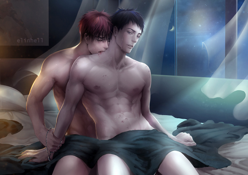 2boys aomine_daiki bite biting biting_neck covered_crotch daiki_aomine elinhell gay kagami_taiga kuroko_no_basuke male male/male male_focus male_only neck_bite nighttime nude red_hair shirtless taiga_kagami toned toned_body toned_male yaoi