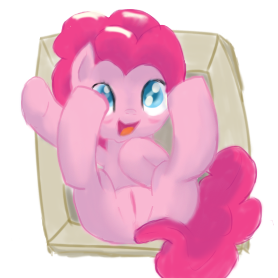 above_view blue_eyes box earth_pony equine female female_only feral friendship_is_magic fur hair kit mammal my_little_pony nude open_eyes pink_fur pink_hair pinkie_pie_(mlp) pony pussy raised_legs smile solo tagme