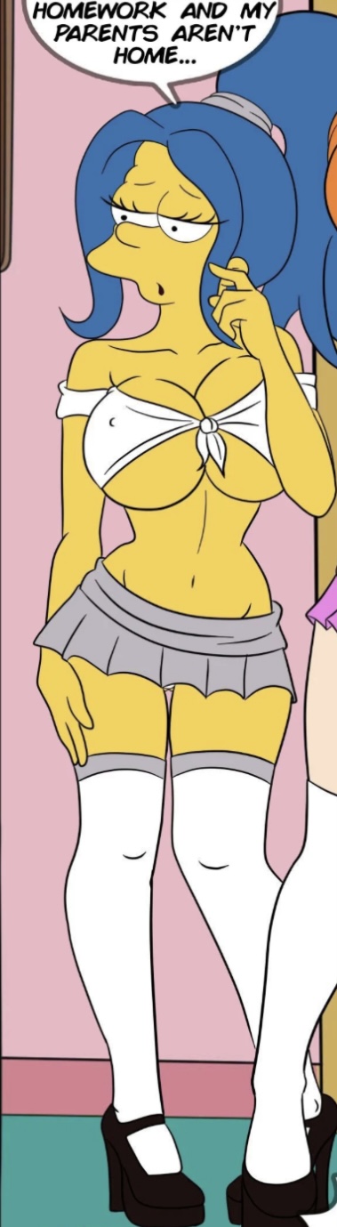 20th century studios, accurate art style, big breasts, breasts, croc (artist), english text, female, high heels, marge simpson, mature female, milf, miniskirt, revealing clothes, school uniform, schoolgirl, seductive, seductive look, skimpy clothes, skirt, the simpsons, thighhighs, yellow body, yellow skin