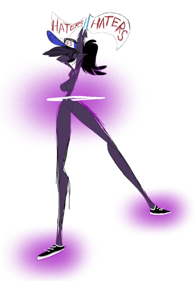 anthro black_hair breasts canid canine clothing culpeo_fox dancing excited fantasy_feather featureless_breasts featureless_crotch female flags glowing hair happy hat headgear headwear lycalopex mammal neon_shoes nude nude_female pristilla_culpeu purple_body rocketpepa smile stripper