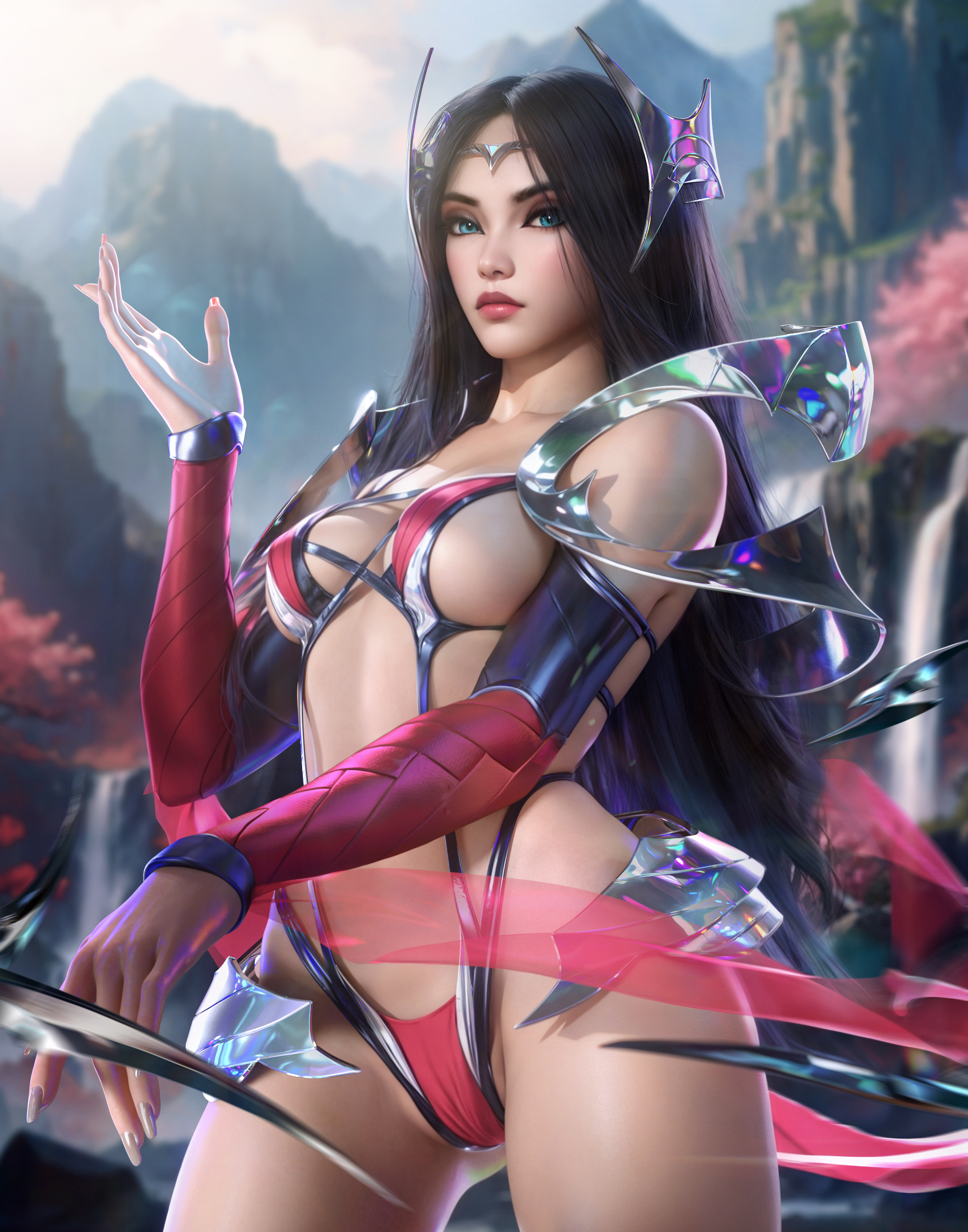 1girls, 3d, black hair, blue eyes, breasts, cleavage, female, female focus, female only, fit female, hair ornament, headwear, irelia xan, league of legends, light skin, light-skinned female, lipstick, looking at viewer, nail polish, one-piece swimsuit, outdoors, red lipstick, red swimsuit, sevenbees, sideboob, sleeves, solo, solo female, solo focus, swimsuit
