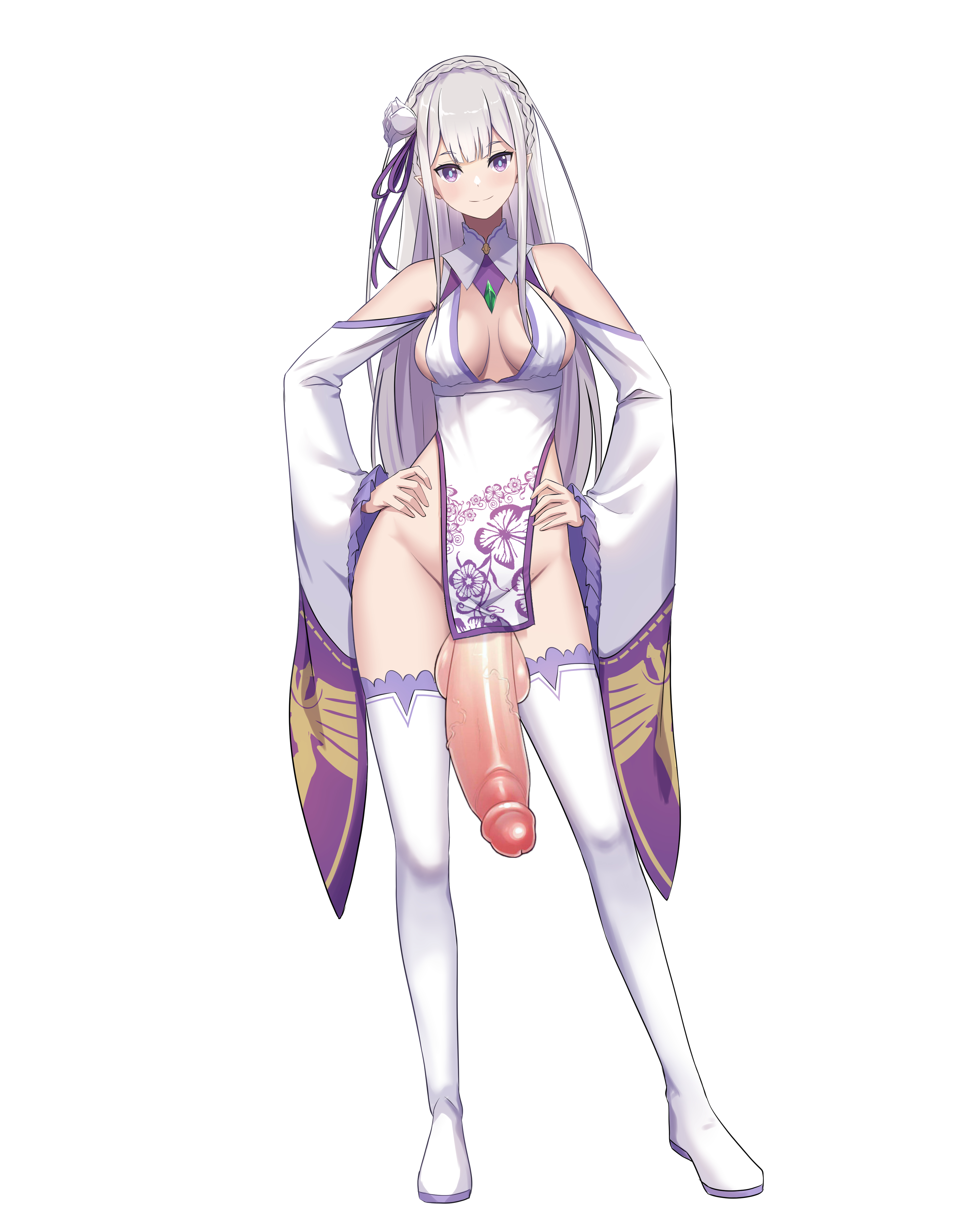 1futa, balls, bottomless, breasts, chinese clothes, cleavage, clothed, clothing, comradlevy, detached sleeves, edit, emilia (re:zero), erection, futa only, futanari, huge cock, human, intersex, levy (comradlevy), light skin, light-skinned futa, long hair, long penis, medium breasts, mostly nude, no panties, penis, purple eyes, re:zero kara hajimeru isekai seikatsu, second-party source, sideboob, silver hair, sitting, smooth penis, solo, testicles, thigh boots, thighhighs