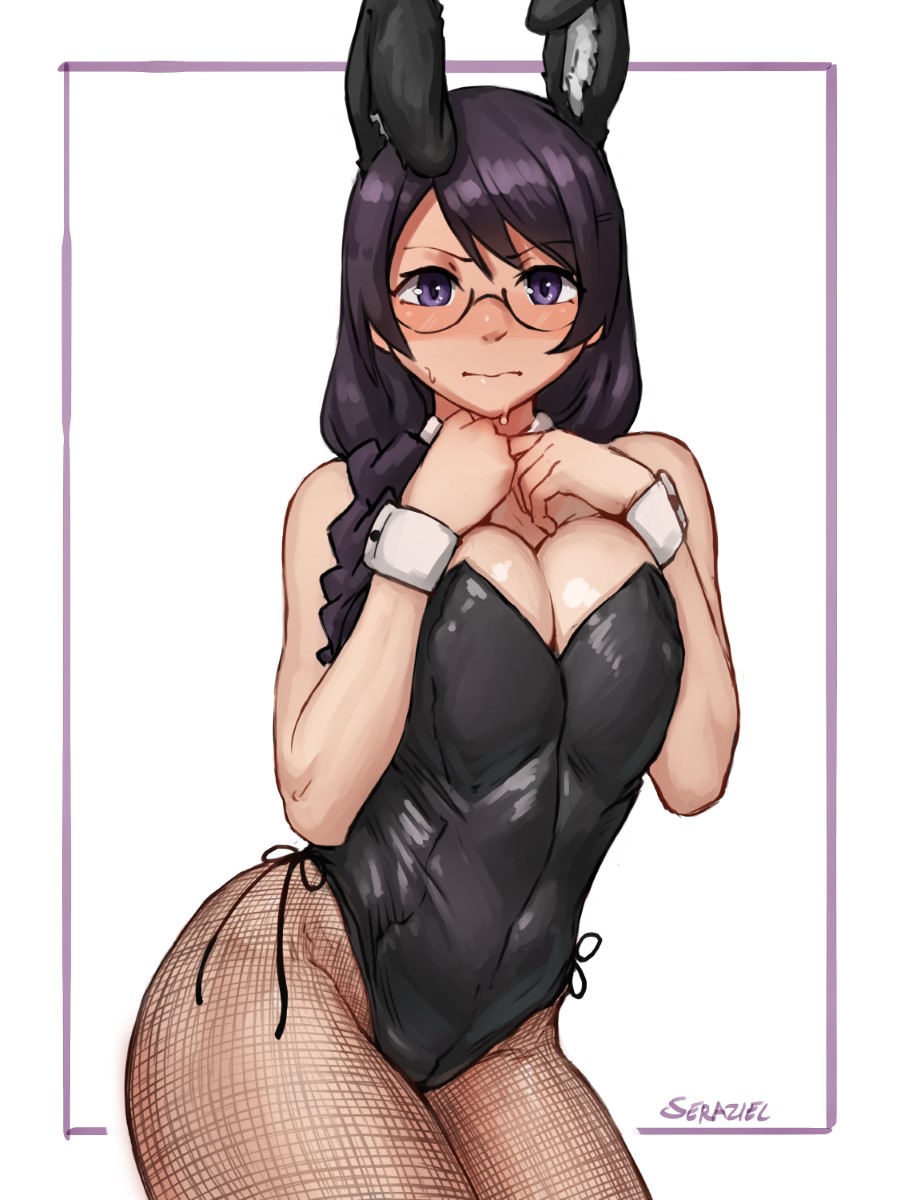 1girls 2023 animal_ears bakemonogatari blush breasts bunnysuit cleavage closed_mouth clothed clothing cowboy_shot crosshatching female fishnets glasses hands_up hanekawa_tsubasa human large_breasts leotard light_skin long_hair long_sleeves looking_at_viewer monogatari_(series) pantyhose purple_eyes purple_hair rabbit_ears semi-rimless_eyewear seraziel solo white_background wide_hips