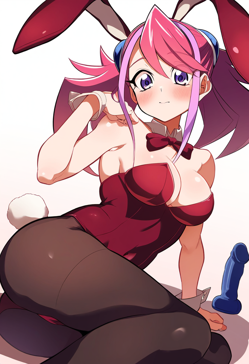 ai_generated blush breasts bunny_ears bunny_girl bunny_tail bunnysuit female hand_on_ground hand_on_shoulder hiiragi_yuzu red_bunnysuit sex_toy shounen_jump simple_background yu-gi-oh! yu-gi-oh!_arc-v zuzu_boyle