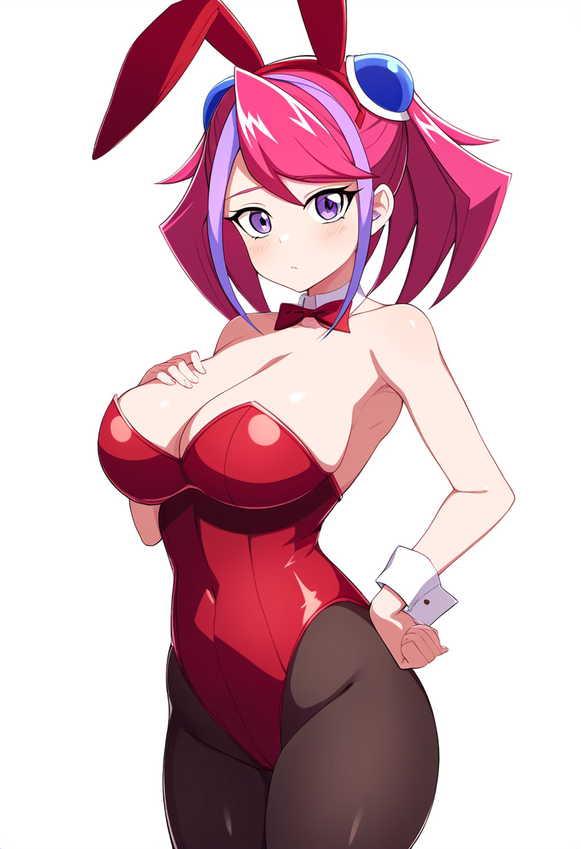 ai_generated ai_hands blush breasts bunny_costume bunny_ears bunny_girl bunny_tail bunnysuit hair_ornament hand_on_breast hand_on_hip hiiragi_yuzu large_breasts looking_at_viewer pink_hair shounen_jump solo_female yu-gi-oh! yu-gi-oh!_arc-v zuzu_boyle