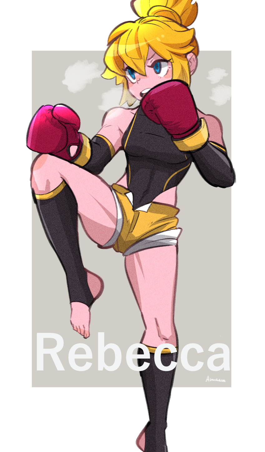 black_leotard black_sleeves black_socks blonde_hair blue_eyes boxing_gloves commentary commission covered_navel detached_sleeves english_commentary feet_out_of_frame female grey_background hair_between_eyes heavy_breathing highres kickboxing kneehighs leotard leotard_under_clothes long_sleeves looking_away no_shoes open_clothes open_fly open_mouth open_shorts original short_shorts shorts socks solo standing standing_on_one_leg stirrup_legwear teeth toeless_legwear two-tone_background upper_teeth_only white_background yellow_shorts