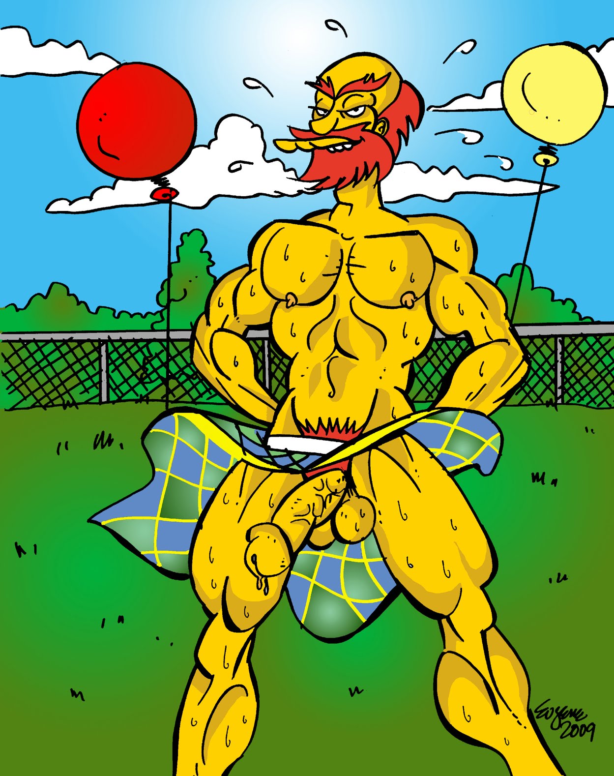 1boy balloons beard boner buckteeth circumcised erect_nipples erection exhibitionism flying_sweatdrops groundskeeper_willie half-closed_eyes hands_on_hips kilt large_penis legs_apart male male_only mostly_nude no_shirt outdoors paheal penis precum_drip presenting_penis proud_of_his_cock pubic_hair public_topless red_hair shirtless_male skirt_lift skirt_only skirt_up solo sweat the_simpsons toony topless topless_male victor_hodge