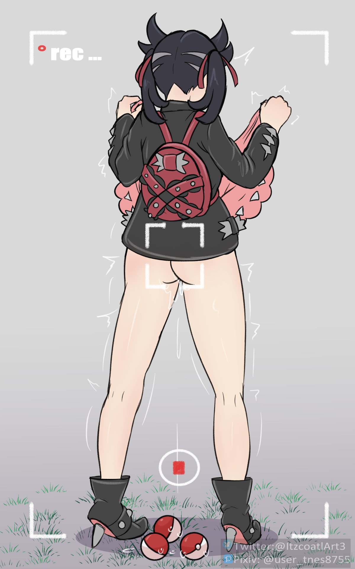 1girls, anal beads, ass, backpack, bag, black jacket, clothed, clothing, dark hair, dress, electronics, female, female only, human, itzcoatl, light skin, light-skinned female, marnie (pokemon), nintendo, outerwear, pale skin, pink dress, pokemon, pokemon ss, twintails, upskirt