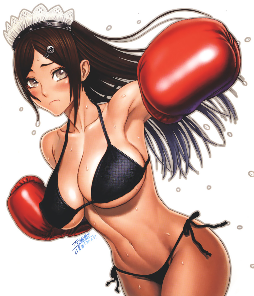 1girls abs armpits artist_name bikini black_bikini blush boxing boxing_gloves breasts brown_eyes brown_hair cleavage cowboy_shot dripping female gloves hair_ornament hairclip headdress incoming_attack incoming_punch large_breasts long_hair looking_at_viewer maid_headdress navel original original_character outline outstretched_arm pout punching punching_at_viewer red_boxing_gloves red_gloves side-tie_bikini_bottom simple_background solo sweat swimsuit tsukasa_jun underboob white_background