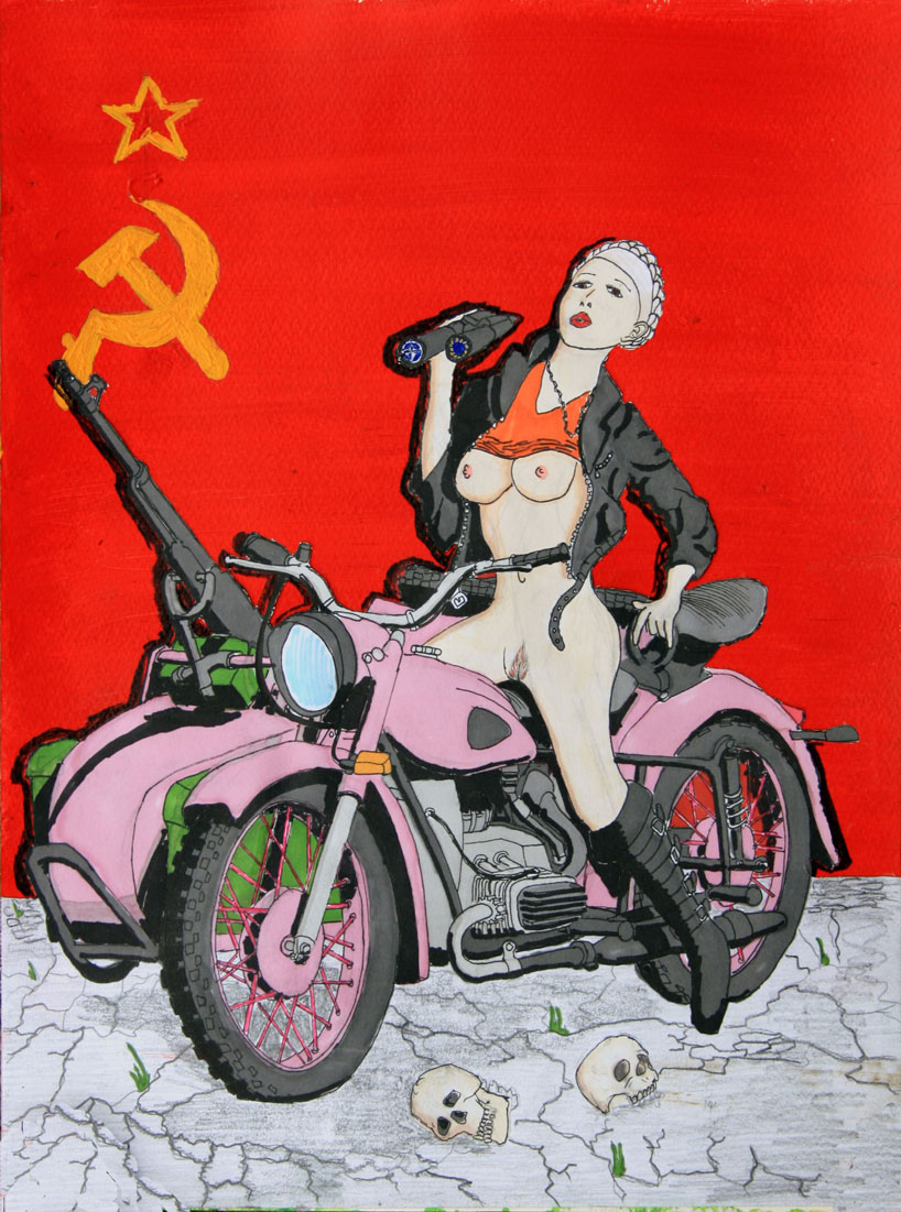 1girls binoculars boots bottomless_female braided_hair cleft_of_venus everett_reno exposed_breasts exposed_pussy full_body functionally_nude_female hammer_and_sickle leather_jacket looking_afar machine_gun medium_breasts motorcycle pubic_hair real_person short_hair sidecar skull skulls solo soviet soviet_flag soviet_union tagme ukraine ukrainian_girl ukranian uncensored ussr yulia_tymoshenko yuliya_timoshenko