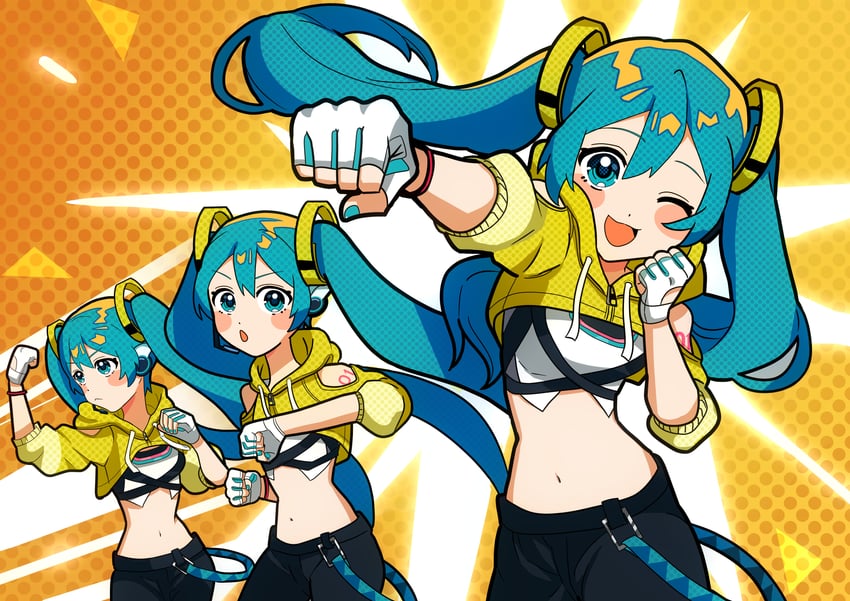 :< absurdres aiming aiming_at_viewer aqua_eyes aqua_hair bangle belt black_pants blue_eyebrows blush_stickers boxing bracelet clothing_cutout commentary concentrating cowboy_shot crop_top cropped_jacket exercise eyebrows eyebrows_visible_through_hair fighting_stance fingerless_gloves fitness_boxing floating_hair foreshortening gloves hair_ornament hatsune_miku highres hood hooded_jacket jacket jewelry long_hair looking_at_viewer midriff multiple_views navel official_alternate_costume one_eye_closed open_mouth orange_background pants sequential shirt shoulder_cutout shoulder_tattoo smile solo solo_focus standing sugarmonaka tattoo track_jacket v-shaped_eyebrows very_long_hair vocaloid white_gloves white_shirt yellow_jacket