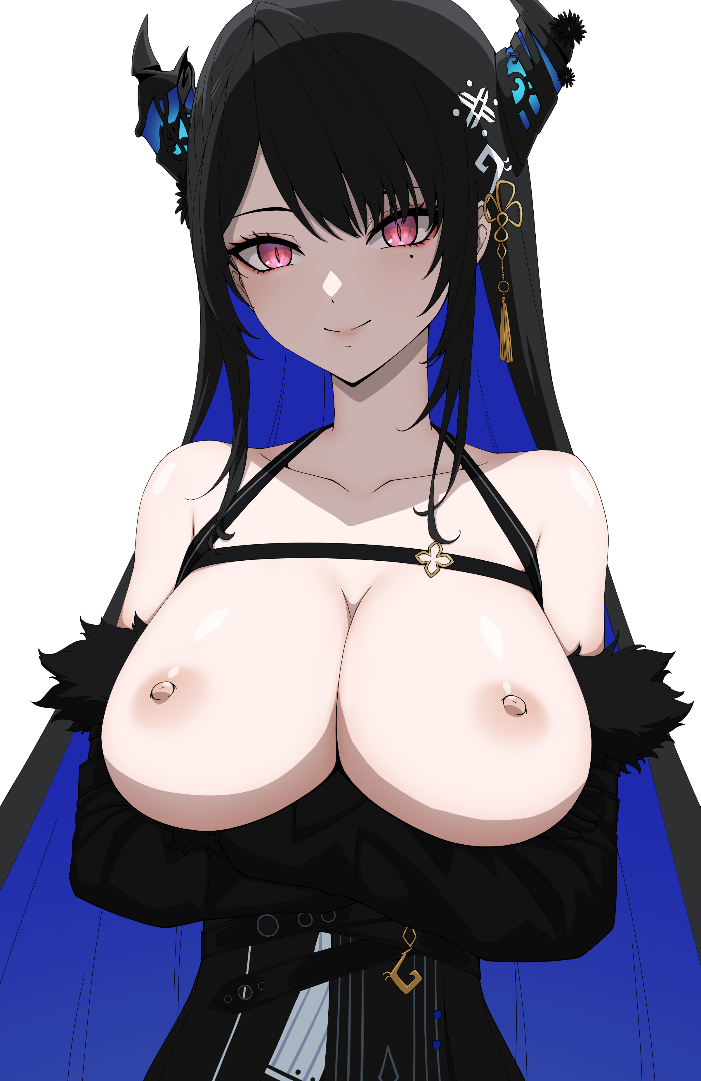 :), 1girls, accessory, areolae, asymmetrical bangs, asymmetrical horns, bare shoulders, big breasts, black hair, blue hair, breasts, breasts out, chest, cleavage, clothes, collarbone, dayyo (daydarion/day-chan), exposed breasts, eyelashes, female, female only, hands under breasts, highres, hololive, hololive english, hololive english -advent-, horns, large breasts, light skin, light-skinned female, lips, looking at viewer, mole, mole under eye, multicolored hair, neck, nerissa ravencroft, nipples, no bra, no shirt, pale skin, pale-skinned female, pink hair, purple hair, smile, solo, uniform, virtual youtuber, white background