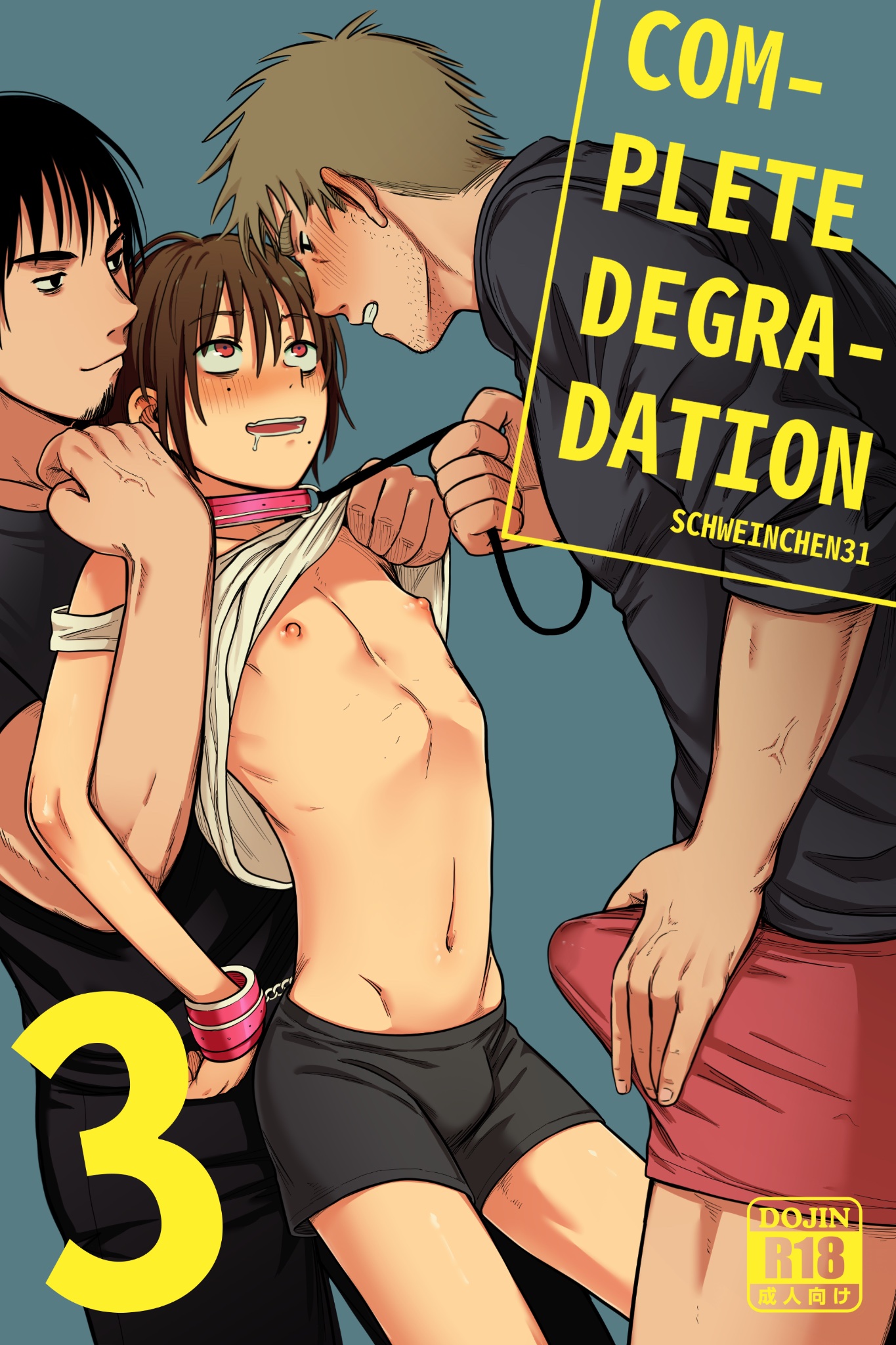 3boys, big dom small sub, big penis, blush, bulge, degradation, domination, erect penis, erection, facial hair, femboy, gay, gay domination, handcuffs, huge cock, imminent sex, large penis, leash, leash pull, male, male only, male/male, mole, muscular, muscular male, penis, penis size difference, schweinchen31, size difference, threesome, yaoi