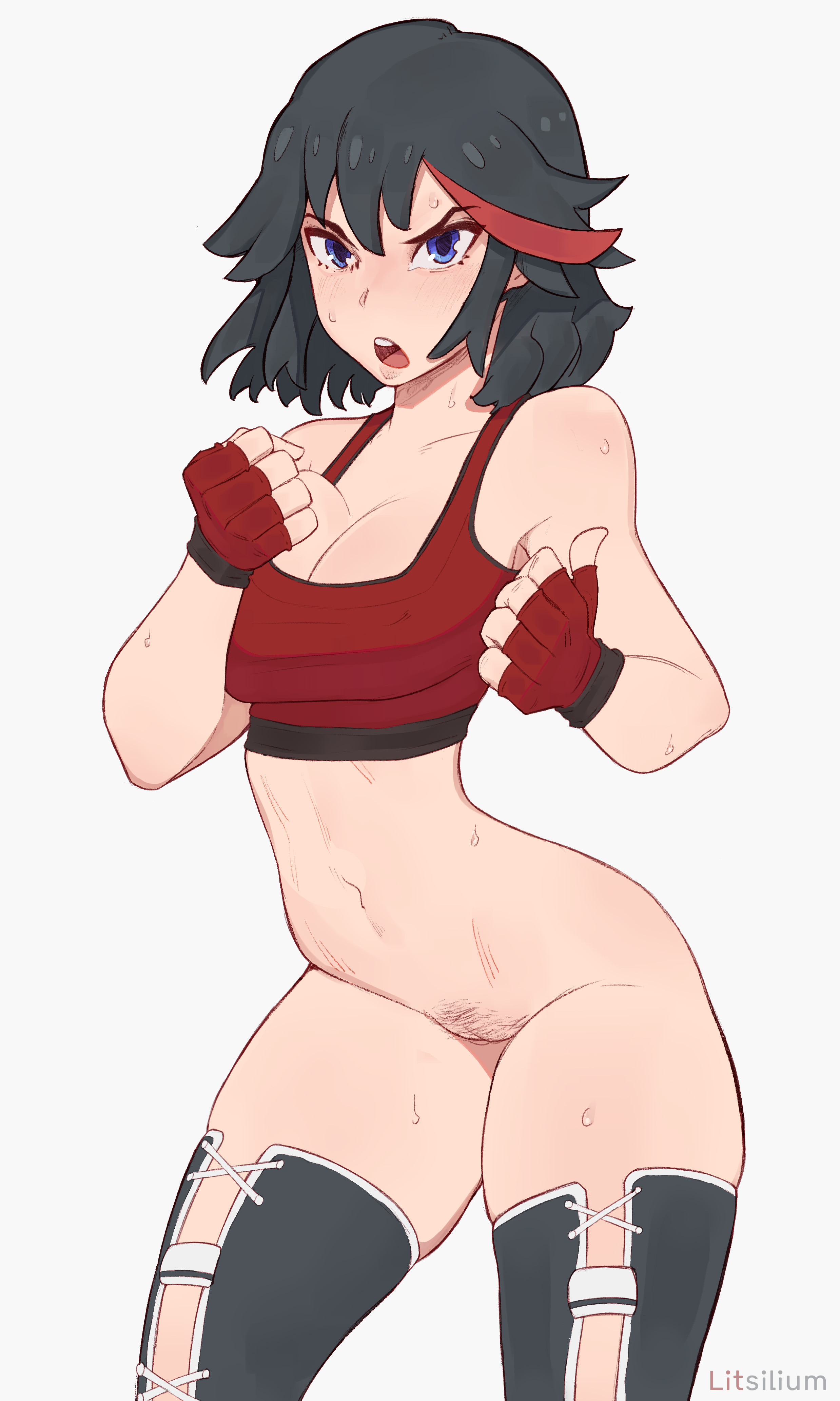 1girls, 2d, alternate version available, artist name, bare shoulders, belly, big breasts, black hair, blue eyes, bottomless, bottomless female, bra, breast press, breasts, challenging, chest, cleavage, commando, female, female only, female pubic hair, fingerless gloves, gloves, hairy pussy, highres, kill la kill, legwear, light skin, light-skinned female, litsilium, looking at viewer, matoi ryuuko, navel, no panties, open mouth, pale skin, pale-skinned female, pubic hair, pubic stubble, pussy, red bra, red strand of hair, short hair, simple background, solid color background, solo, sports bra, stomach, sweatdrop, thick thighs, thighs, vagina, waist, watermark, white background, wide hips
