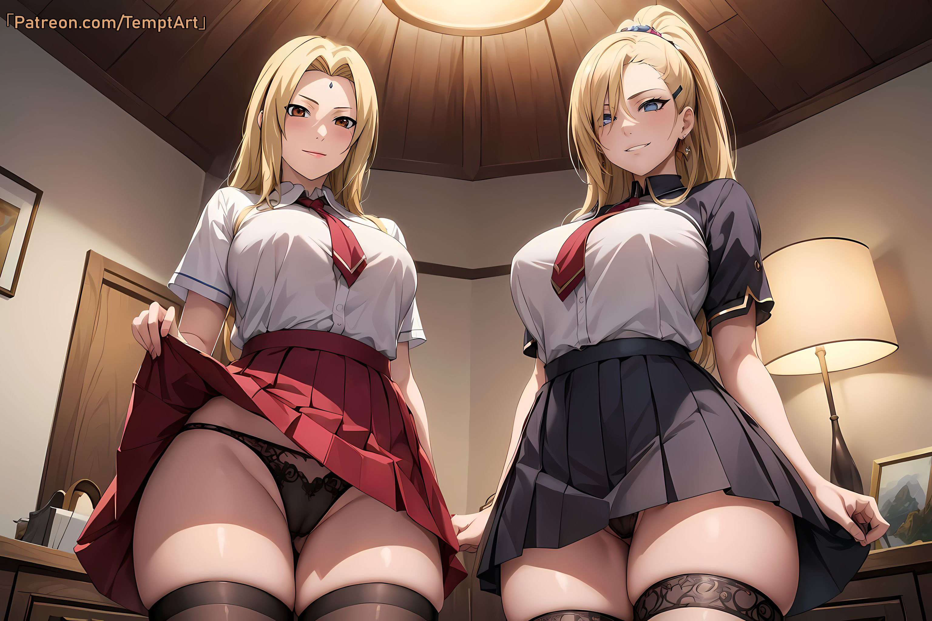 2girls, age difference, ai generated, alternate costume, artist name, big breasts, blonde hair, blue eyes, boruto: naruto next generations, breasts, brown eyes, clothing, female, female only, huge breasts, ino yamanaka, lifted by self, light skin, light-skinned female, mature, mature female, milf, miniskirt, multiple females, multiple girls, nai diffusion, naruto, naruto (series), necktie, older female, pantyshot, pantyshot (standing), patreon username, ponytail, school uniform, schoolgirl, skimpy, skimpy clothes, skirt, skirt lift, stable diffusion, stockings, take your pick, teacher and student, temptart, thick thighs, thighs, tied hair, tsunade, url, voluptuous, voluptuous female, watermark, web address, younger female