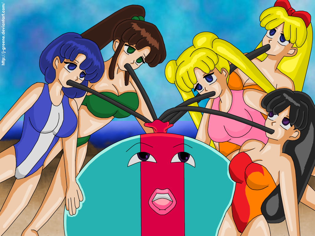 5girls ami_mizuno big_breasts bikini bishoujo_senshi_sailor_moon black_hair blonde_hair blue_eyes bow brown_hair empty_eyes female female_only huge_breasts j-greene large_breasts long_hair makoto_kino minako_aino monster multiple_girls one-piece_swimsuit puko rei_hino rubber_transformation rubberization short_hair swimsuit tagme thick_thighs transformation usagi_tsukino wide_hips