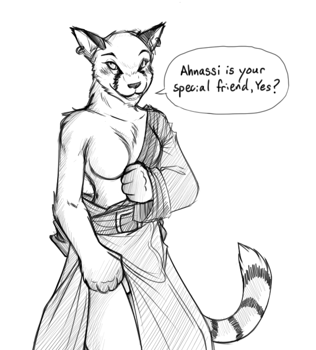 ahnassi anthro bethesda_softworks breasts clothing english_text female female_only front_view khajiit monochrome morrowind partially_clothed solo standing tagme the_elder_scrolls