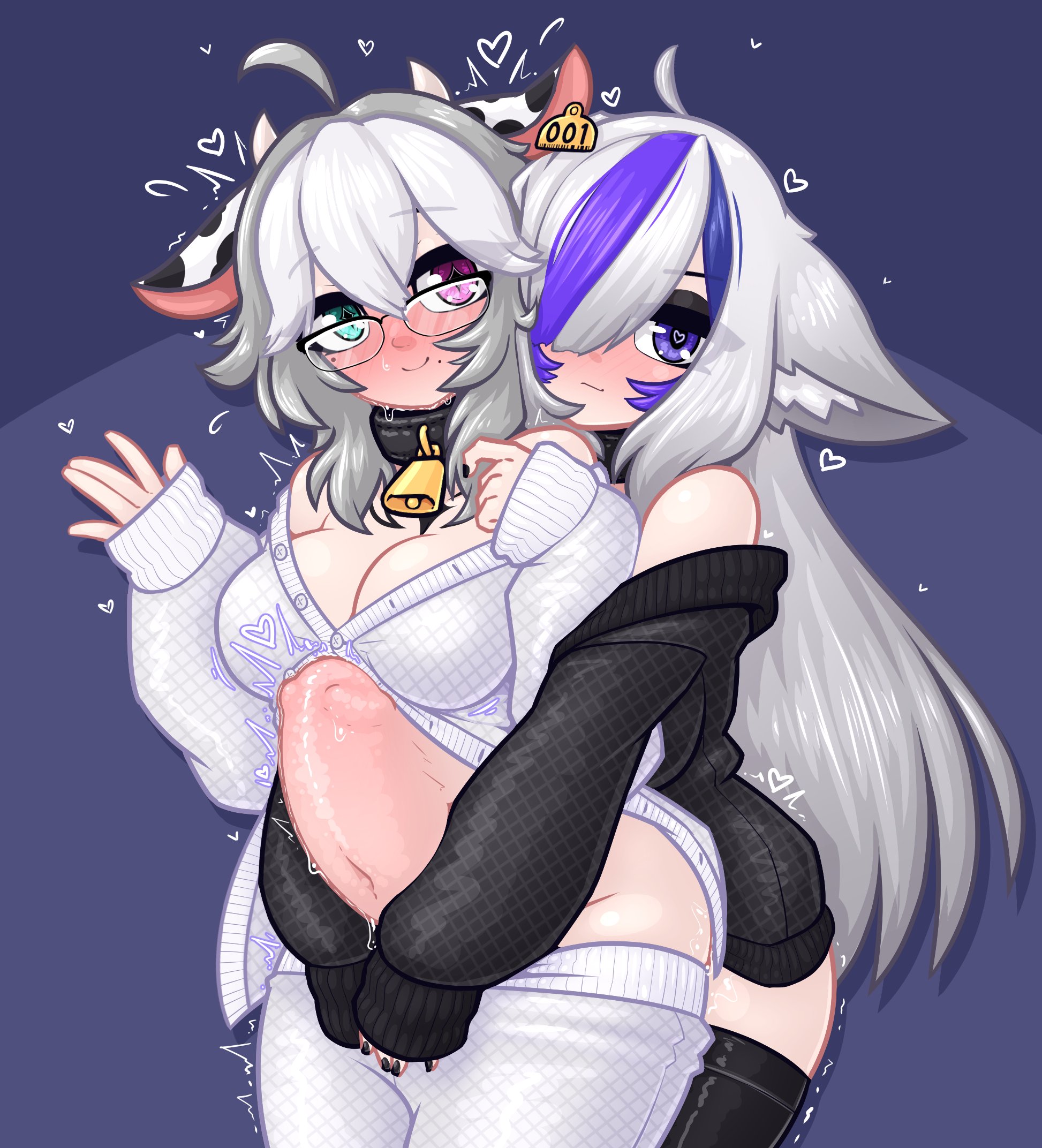 1futa, 1girls, animal ears, big breasts, blue eyes, blush, breasts, cleavage, clothed, clothing, cow ears, cow girl, cow horns, cowbell, duo, embarrassed, erection, female, futa on female, futanari, glasses, hair over one eye, heterochromia, huge cock, humanoid, intersex, kemonomimi, light skin, light-skinned female, light-skinned futa, limebreaker, long hair, mostly clothed, oc, original, penis, pink eyes, standing, stomach bulge, stomach deformation, white hair
