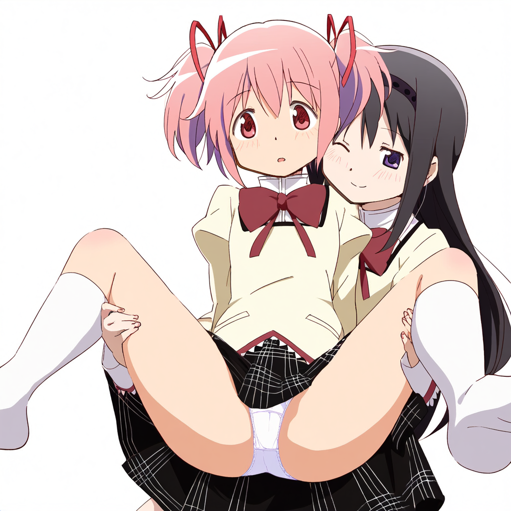 2girls ai_generated akemi_homura black_hair hair_ribbon lifting_person long_hair madoka_kaname magical_girl mahou_shoujo_madoka_magica miniskirt mitakihara_school_uniform panties pink_eyes pink_hair presenting presenting_pussy puella_magi_madoka_magica purple_eyes red_ribbon ribbon ribbons school_uniform schoolgirl schoolgirl_uniform spread_legs straight_hair twintails