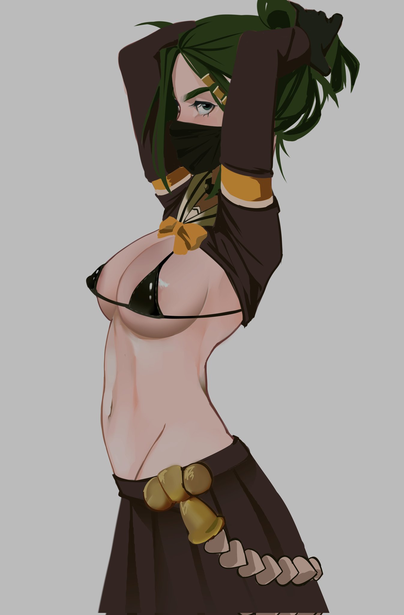 1girls, areolae, armband, athletic, athletic female, bad id, bad twitter id, belt, bikini top, choker, deleted in source, face mask, female, green eyes, green hair, hairclip, human, looking at viewer, midori (rizdraws), midriff, moran696, original, ornament, ponytail, ribbon, schoolgirl uniform, skirt, tummy
