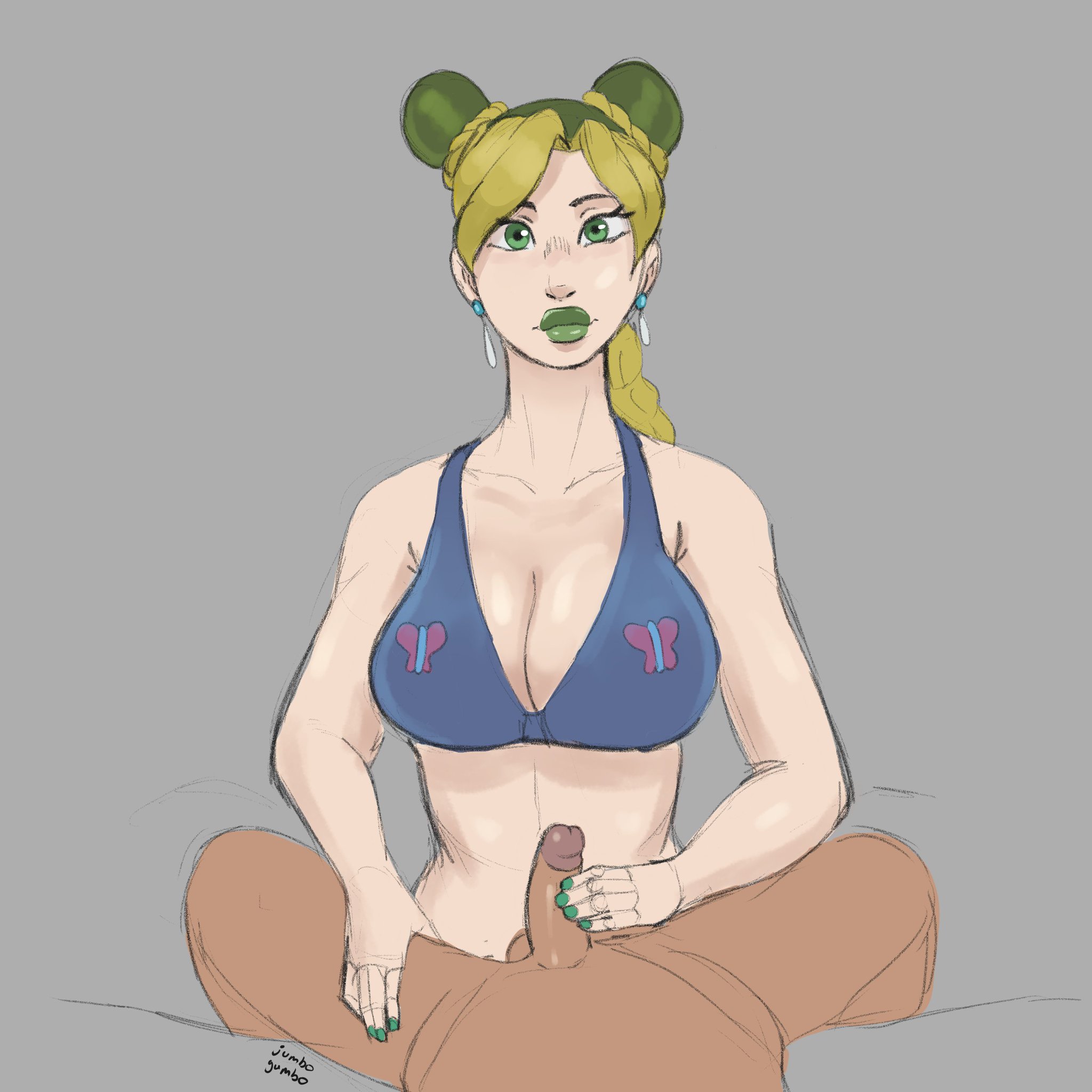 1boy, 1girls, big lips, bra, breasts, female, female focus, handjob, jojo's bizarre adventure, jolyne kujo, jumbogumbo, large breasts, lipstick, male, penis, small penis, stone ocean, tagme, toned, toned female