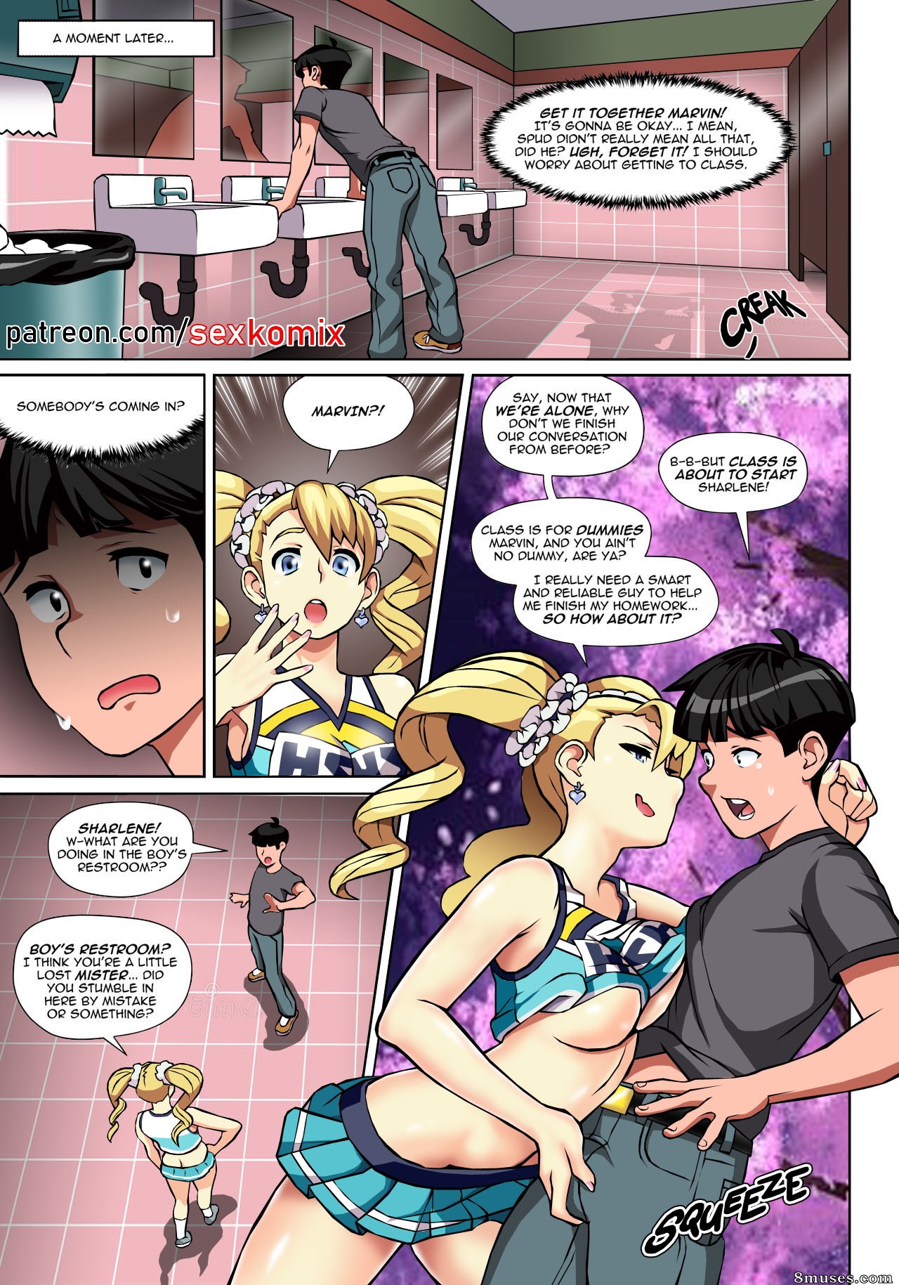 1boy, 1girls, bathroom, black hair, blonde hair, blue eyes, breasts, cheerleader, color, comic, english text, erotibot, female, male, naughty face, original, penis, rubbing penis, seductive, sharlene (erotibot), skimpy, speech bubble, sweat, third-party edit, twintails, underboob