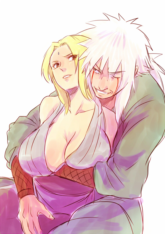 1boy, 1girls, arm under breasts, between legs, big breasts, blonde hair, blush, breast hold, breast lift, breasts, busty, cleavage, clothed, clothed female, clothed male, couple, female, grabbing, grabbing from behind, hug, hugging from behind, jiraiya, lantern6, large breasts, male, male/female, naruto, naruto (series), naruto shippuden, no bra, one eye closed, sitting, smile, straight, tsunade, white hair
