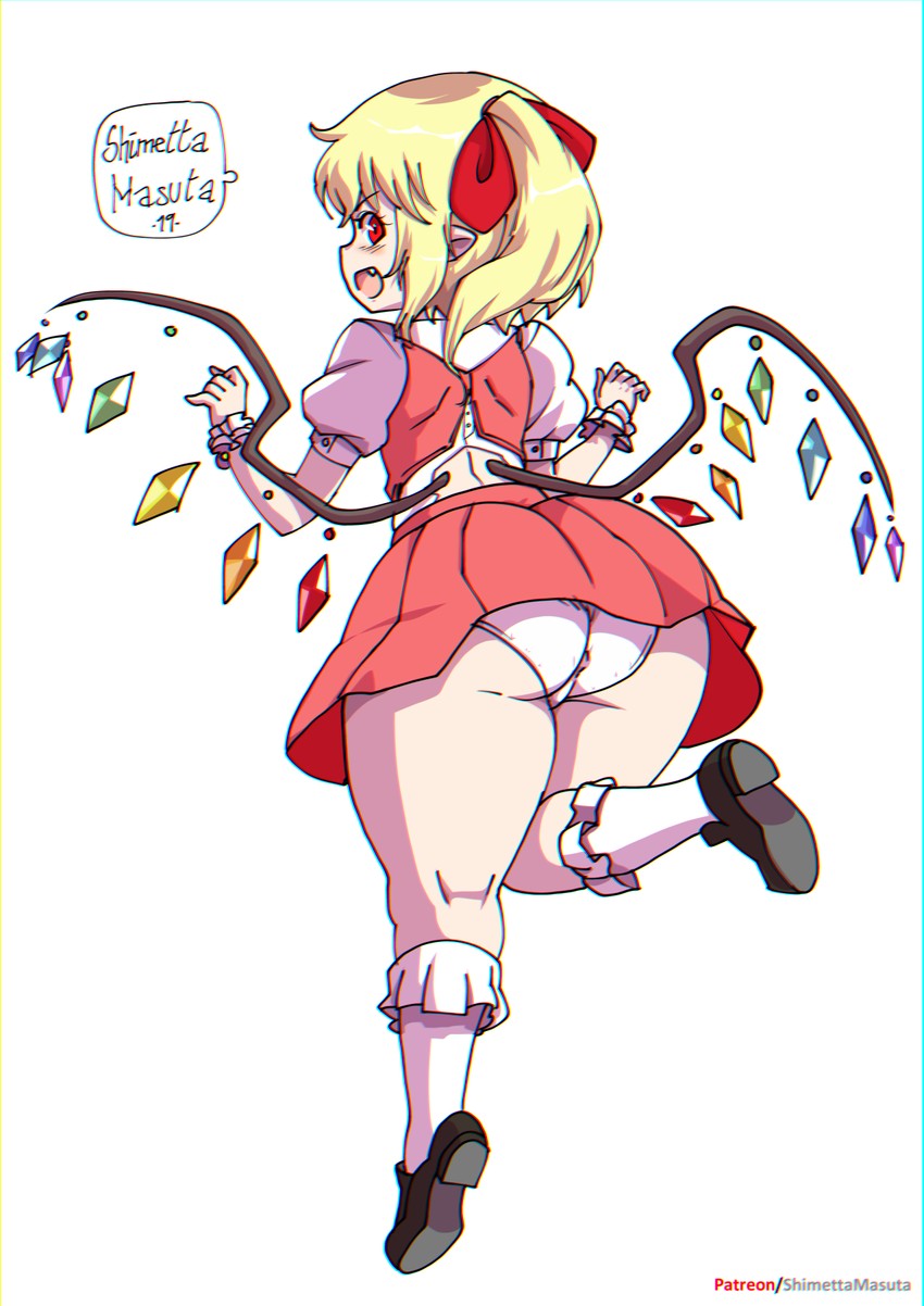 1girls ass ass_focus big_ass big_butt blonde_hair clothed dress fat_ass female flandre_scarlet hair_ribbon highres huge_ass large_ass long_hair looking_at_viewer looking_back panties pantyshot plump pointy_ears ponytail puffy_sleeves red_dress red_hair shimetta_masuta solo solo_female solo_focus thick_thighs thighs touhou underwear upskirt vampire white_panties wide_hips wings