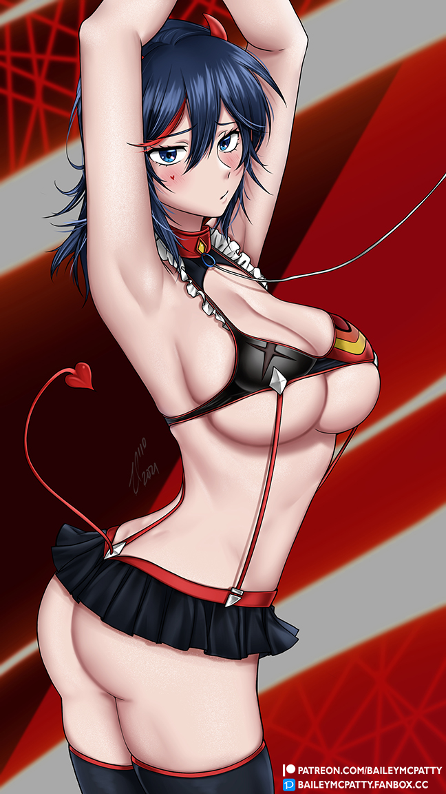 baileymcpatty, bikini top, blush, devil, embarrassed, female, hands above head, kill la kill, leash, matoi ryuuko, microskirt, miniskirt, senketsu