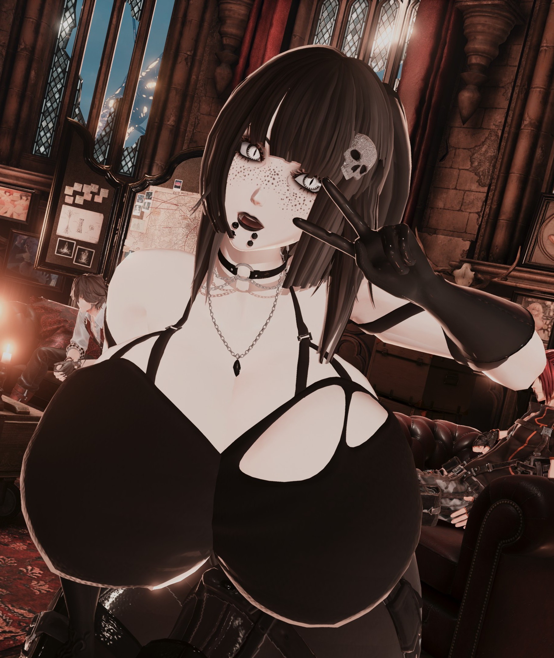 1girls, 3d, black hair, black lipstick, breasts, code vein, enormous breasts, female, freckles, gigantic breasts, goth, huge breasts, looking at viewer, makeup, massive breasts, oc, pale skin, peace sign, piercing, revealing clothes, slit pupils, solo, solo female, top heavy, torn clothes, upper body, white eyes