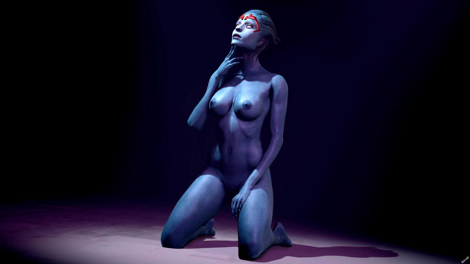 1girls, 3d, alien, alien girl, asari, bioware, black background, blue body, blue nipples, blue skin, boobs, breasts, completely naked, completely nude, fanart, female, female only, mass effect, medium breasts, naked, nipples, nude, nude female, on knees, rescraft, samara, scales, solo, solo female, tits