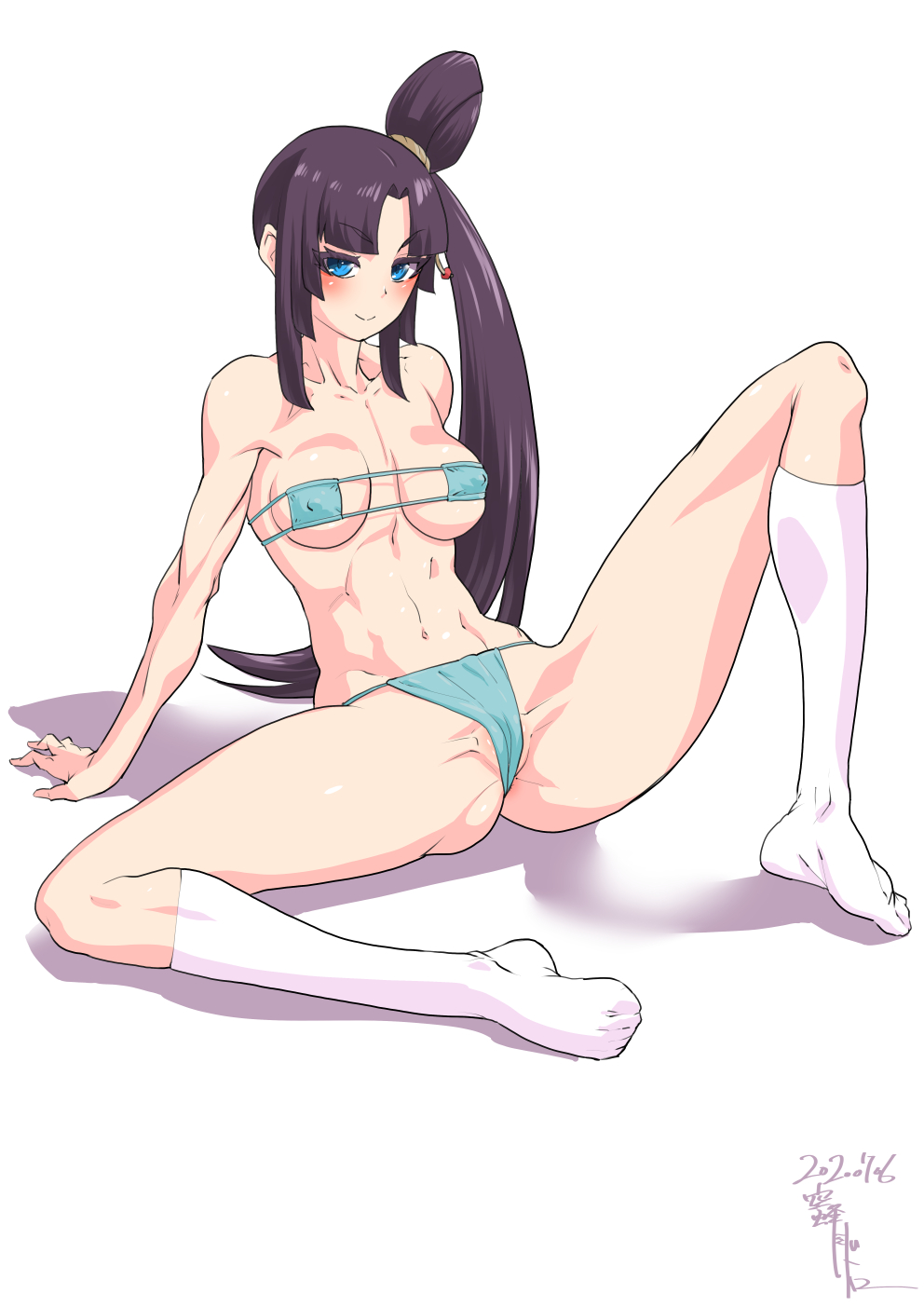 abs ass bikini black_hair blue_bikini blue_eyes blush breasts cameltoe eyepatch_bikini fate/grand_order fate_(series) female female hair_cones highres jackasss kneehighs long_hair looking_at_viewer micro_bikini navel side_ponytail sitting smile swimsuit ushiwakamaru_(fate) very_long_hair white_legwear