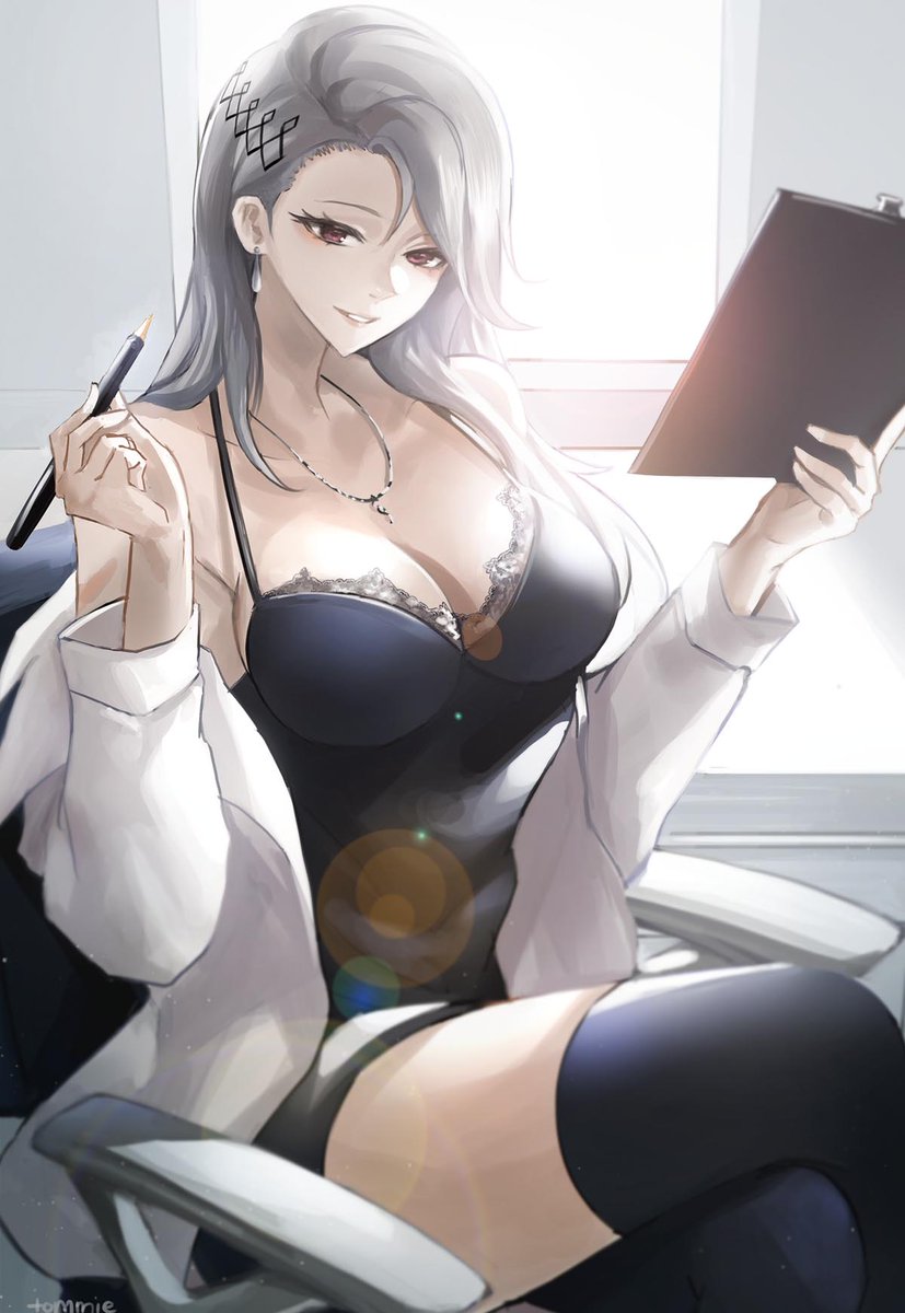 chair clipboard clothed earrings female female_focus female_only holding_clipboard holding_pencil long_hair pencil_(object) persona persona_5 red_eyes sae_niijima silver_hair sitting_on_chair tommietomm undressing