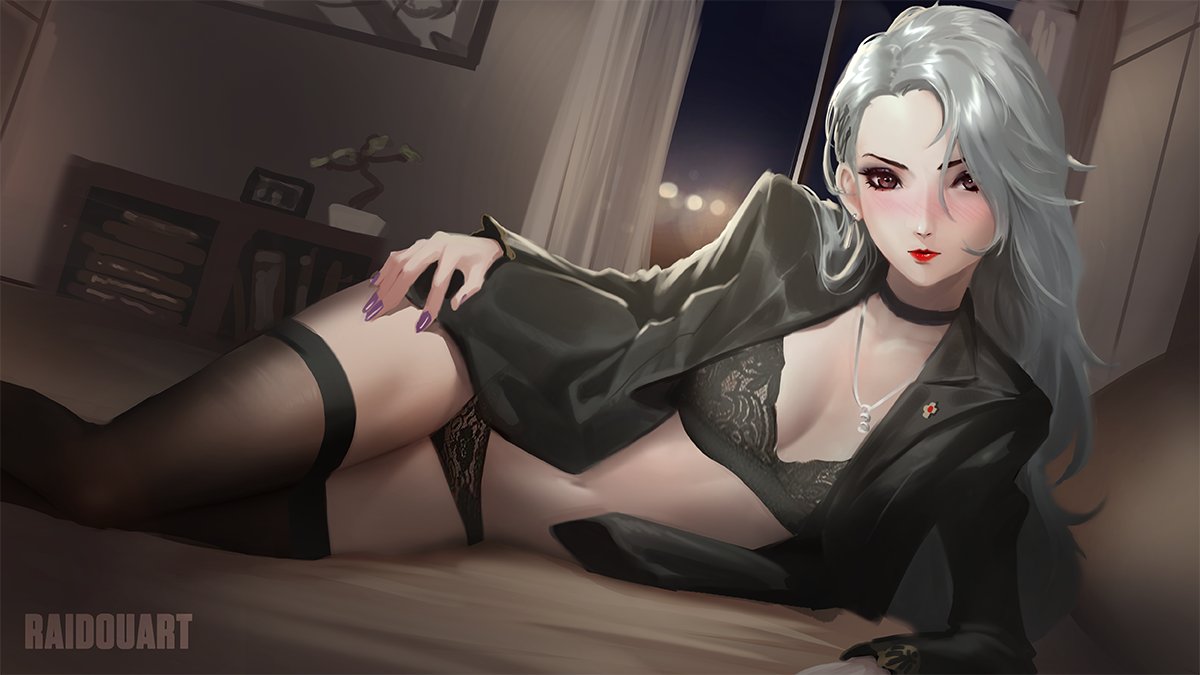 blush, female, female focus, female only, hand on hip, lingerie, lying on side, persona, persona 5, raidouart, sae niijima, solo, solo female, underwear