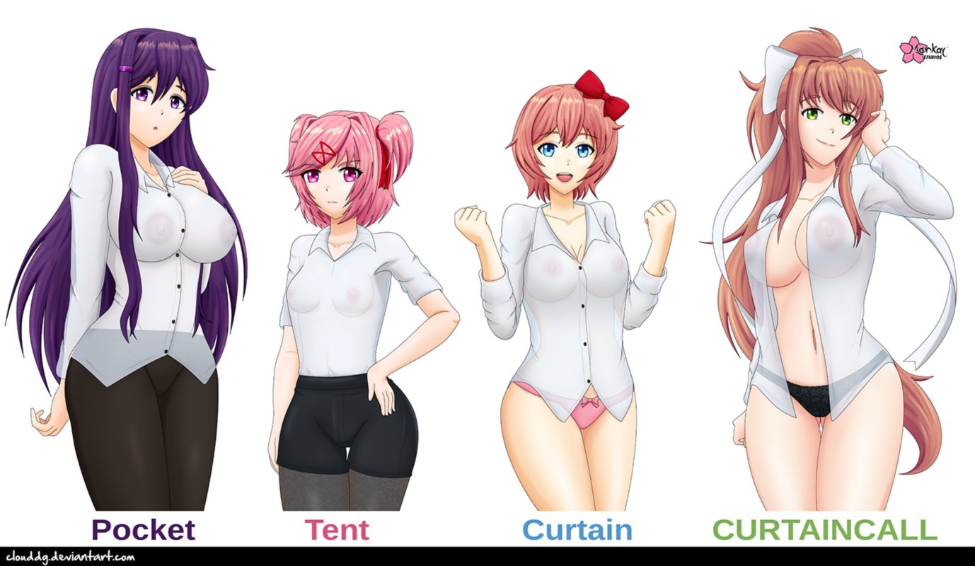 4girls, areolae, big breasts, blue eyes, breasts, brown hair, clouddg, curtain call challenge, doki doki literature club, eye contact, female, female only, fully clothed, green eyes, hair ribbon, looking at viewer, meme, monika (doki doki literature club), multiple females, multiple girls, natsuki (doki doki literature club), nipples, no pants, no skirt, panties, pink eyes, pink hair, ponytail, purple eyes, purple hair, sayori (doki doki literature club), standing, text, thick thighs, transparent clothing, white background, yuri (doki doki literature club)