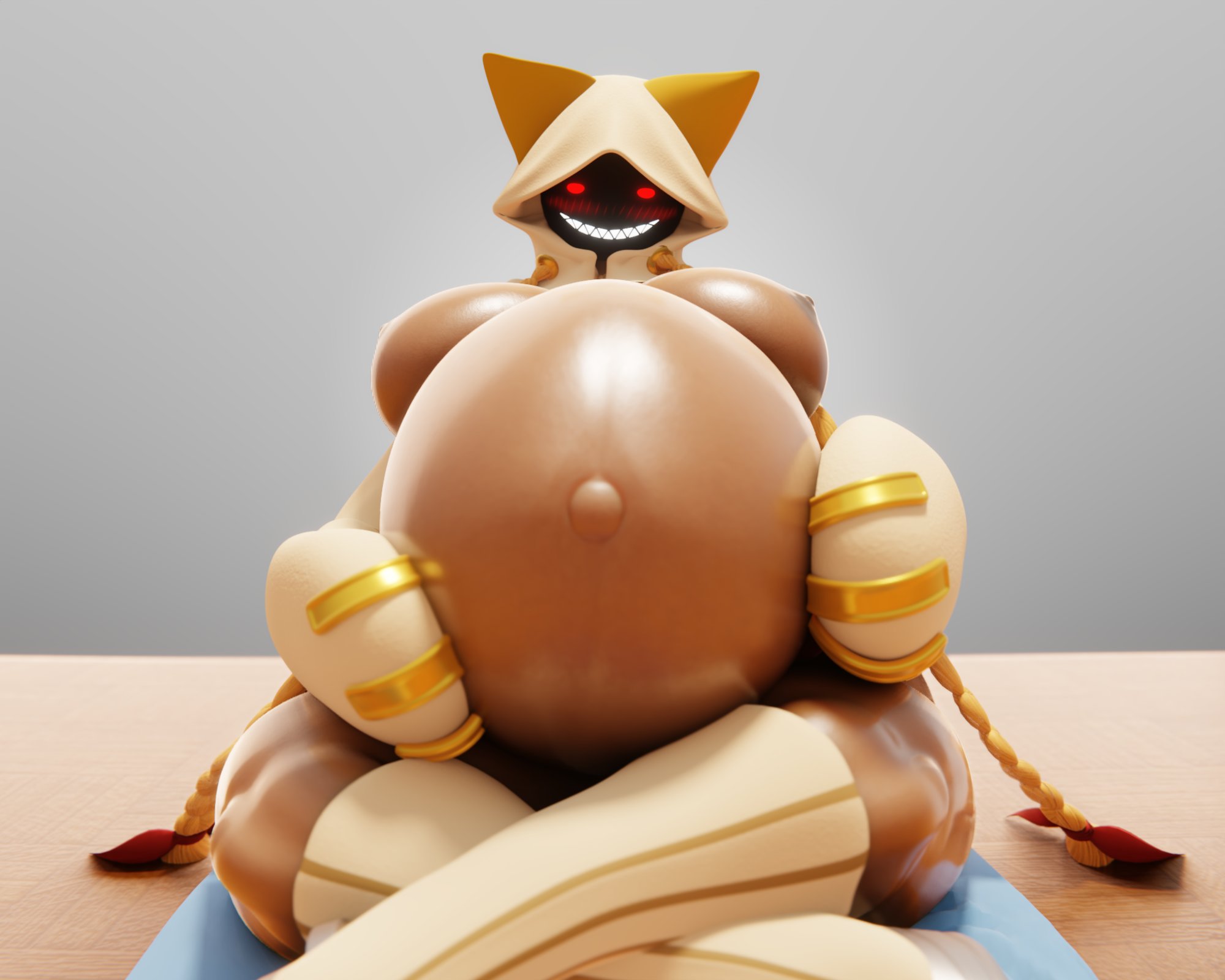 1girls, 3d, alternate version available, ass, bbw, belly, big belly, big breasts, blazblue, blonde hair, blush, breasts, cat ears, cat girl, cat tail, catgirl, cghonk, chubby, dark skin, dark-skinned female, female, female only, grin, hand on stomach, hood, hoodie, huge belly, huge breasts, pregnant, ready to pop, red eyes, sitting, solo, solo female, taokaka, thick ass, thick thighs, thighs, twin braids