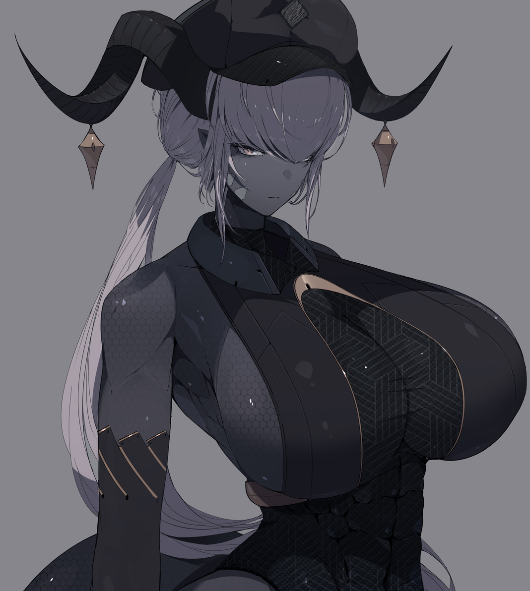 1girls, bare shoulders, bob cut, breasts, breasts out, curved horn, dark skin, dark-skinned female, female, female focus, female only, hat, horn, horn jewelry, horned humanoid, horns, ill (ub1mo), long hair, original, pointy ears, police hat, short hair, sideboob, tagme, tail, thick tail, toned, toned female, ub1mo, very dark skin, white hair, yellow eyes