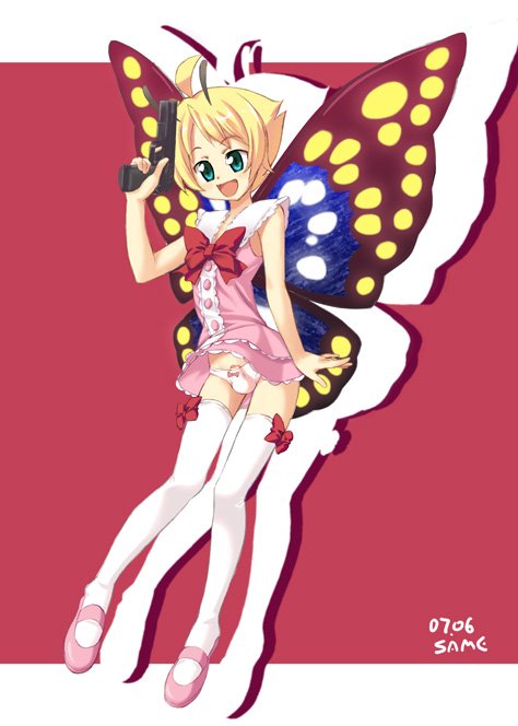 2007 blonde_hair blue_eyes bow bow_panties butterfly butterfly_wings dress erection femboy gun male open_mouth otoko_no_ko panties pink_dress pink_panties same_no_fukahire shimon shimotsuma short_hair solo thighhighs trap