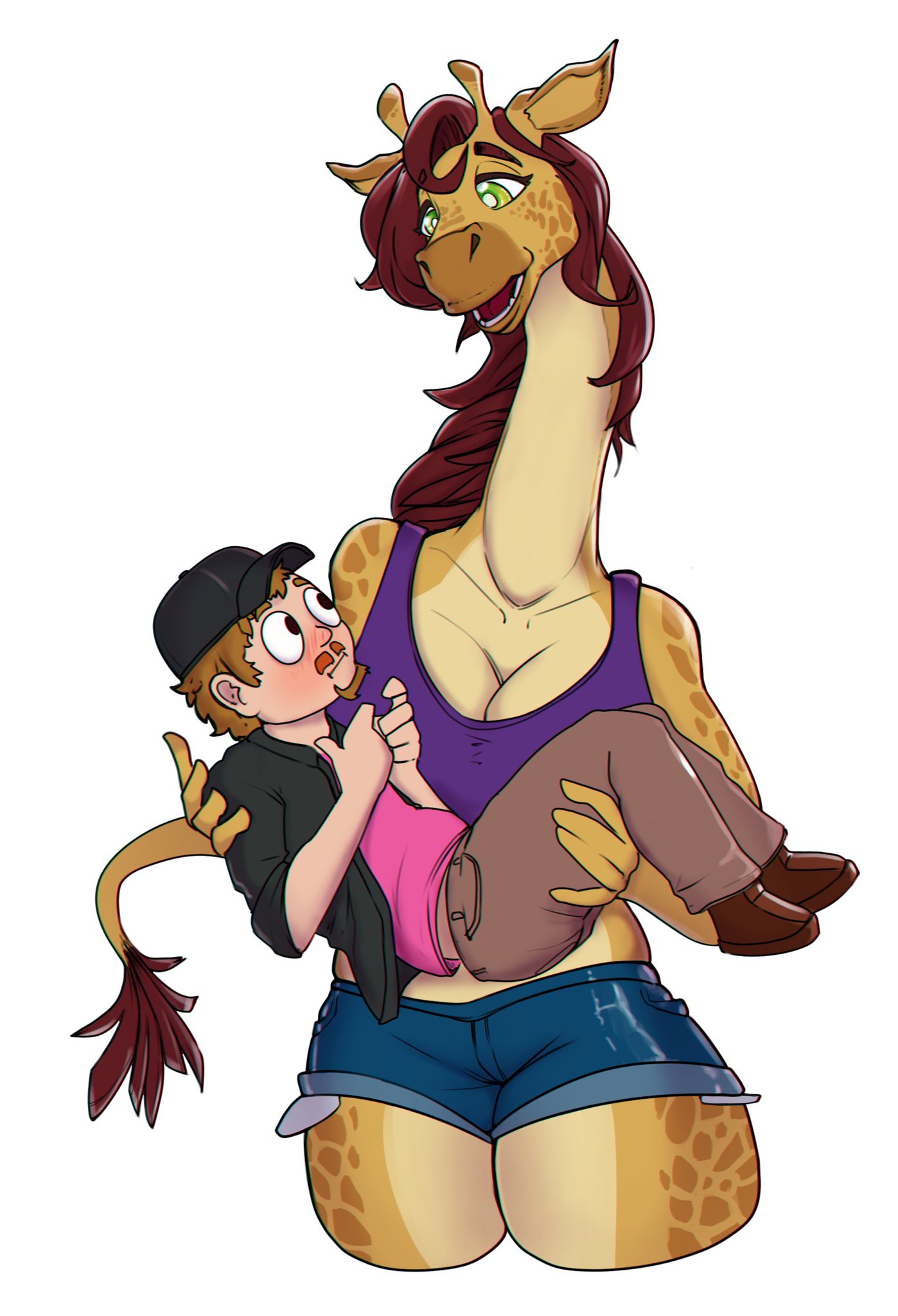 anthro big_breasts big_eyes blush brown_hair carrying clavicle crop_top cropped_legs denim_shorts dep derp female fidgeting giraffe goatee green_eyes itszachgg jimmyhere_(copyright) larger_female long_neck sfw shorts smaller_male spotted_fur tagme tail_tuft white_background