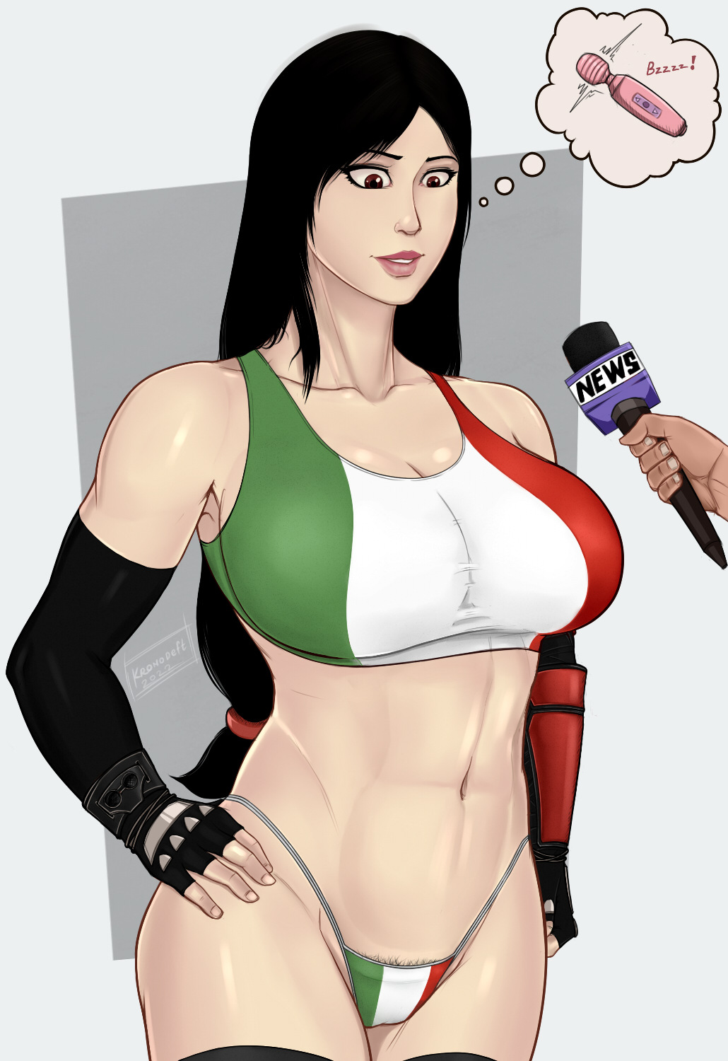 big_breasts black_hair breasts busty crop_top female female_focus female_only final_fantasy final_fantasy_vii flag_bikini flag_print g-string hourglass_figure italian_flag italian_senate_hack kronodeft long_hair meme partial_male pubes pubic_hair pubic_hair_peek solo standing tifa_lockhart wide_hips