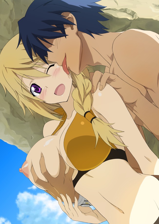 1boy areolae bikini black_hair blonde_hair blush braid breast_grab breasts charlotte_dunois female grabbing groping happy infinite_stratos large_breasts licking licking_face long_hair male navel nipples one_eye_closed open_mouth orimura_ichika plait puffy_areolae purple_eyes same_no_fukahire single_braid straight swimsuit tied_hair wink