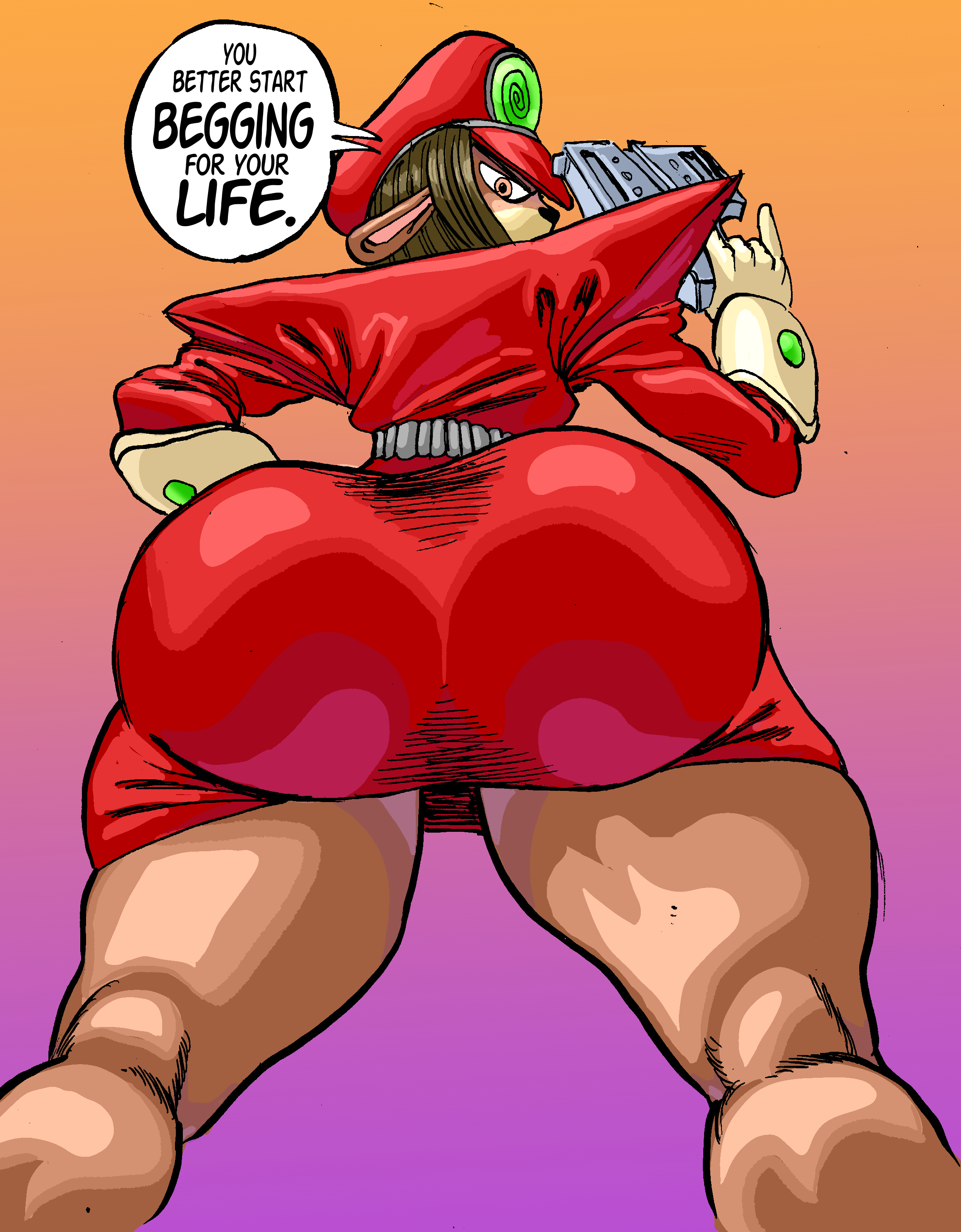 1girls, ass, big ass, chiola (goudadunn), female, femdom, from behind, from below, goudadunn, hi res, huge ass, revo-revolution, solo, talking to viewer, threatening, tight clothing
